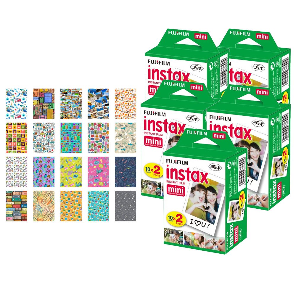 5X Fujifilm Instax Mini Instant Film (100 Exposures) + 20 Sticker Frames For Fuji Instax Prints Travel Package
