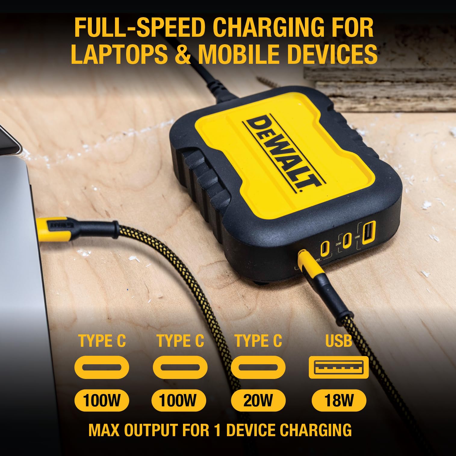 Dewalt 4 Port Usb Charger Block, 100W Usb C Charger Intelligent Power Sharing, 6Ft Power Cord   Charge 4 Devices Simultaneously