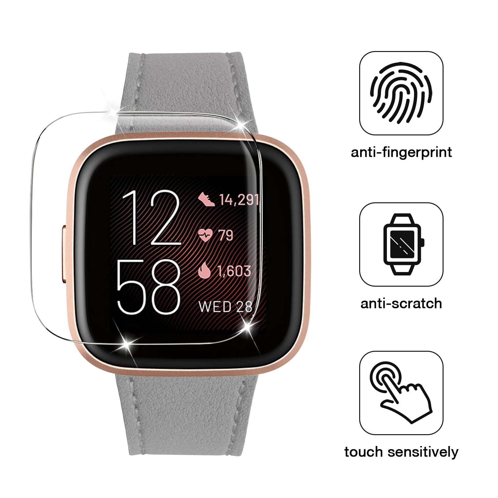 Wfeagl For Fitbit Versa Band, Top Grain Leather Band Replacement Strap For Fitbit Versa Fitness Smart Watch (Gray Band+Rrosegold