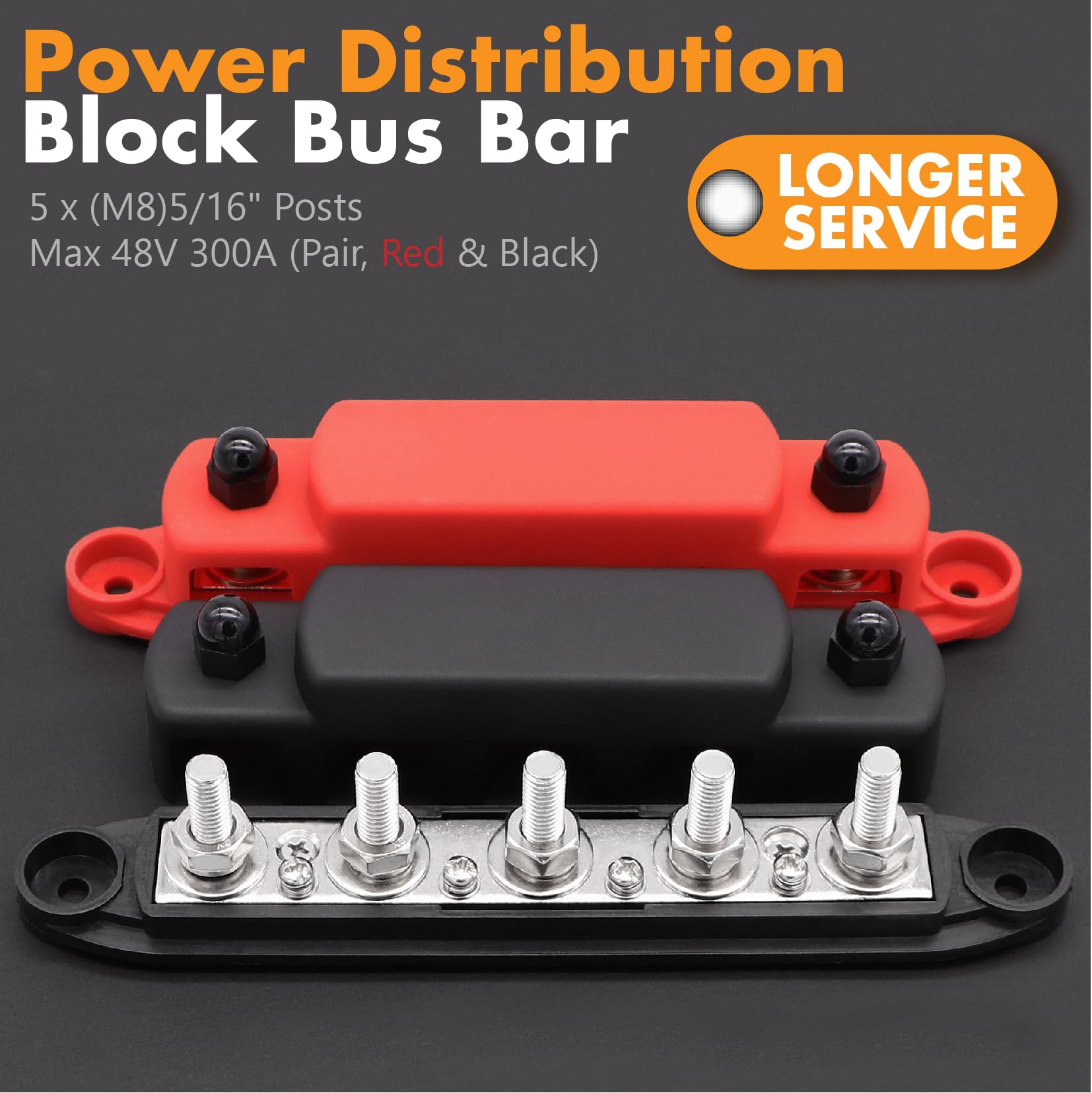 Taxutor 12V Bus Bar Power Distribution Block - 5 Post 300A with 5/16 Battery Terminal Stud & Cover, M8 Wire Lugs