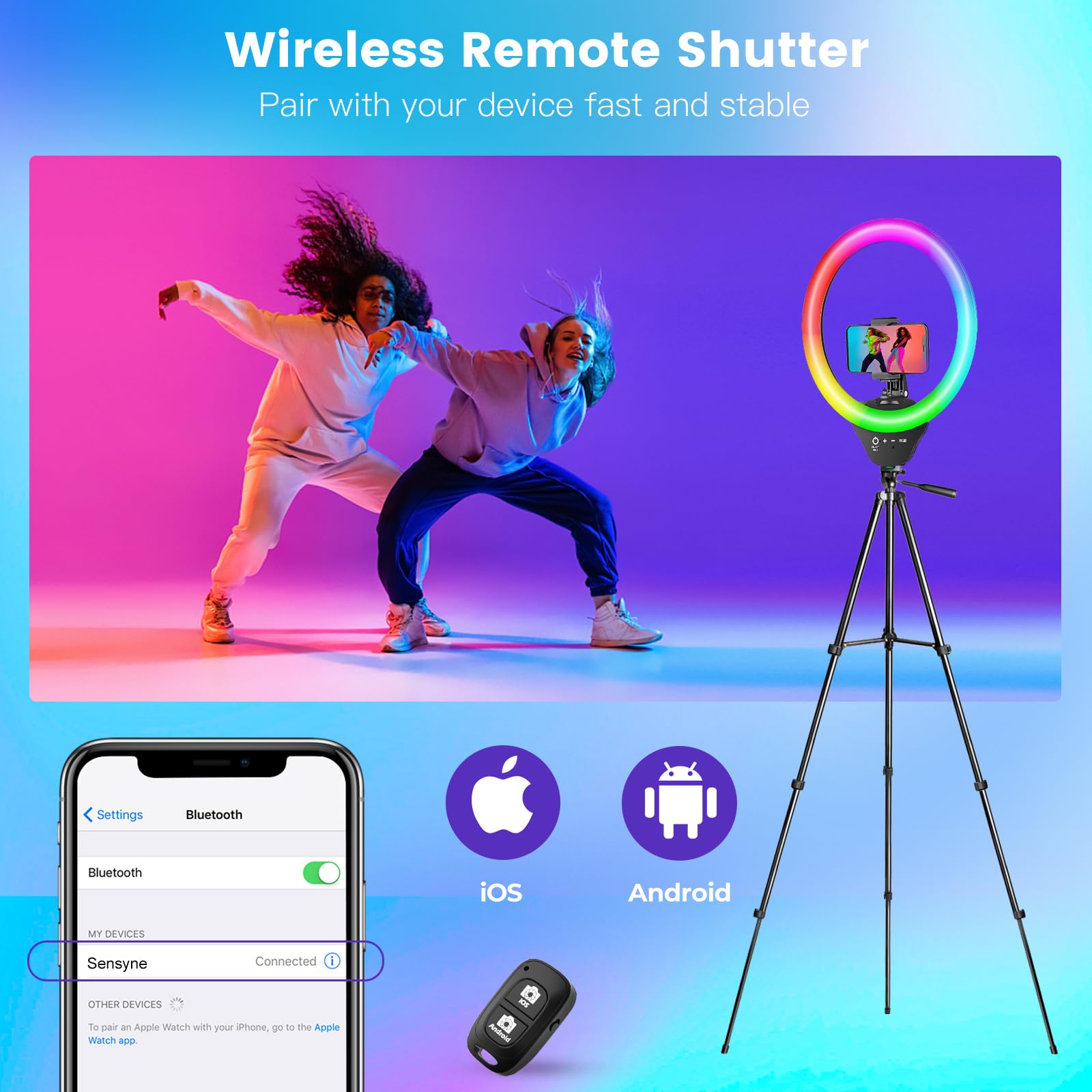 Sensyne 10'' Rgb Ring Light With 50'' Extendable Tripod Stand, Circle Lights With Phone Holder For Live Stream/Makeup/Youtube Vi