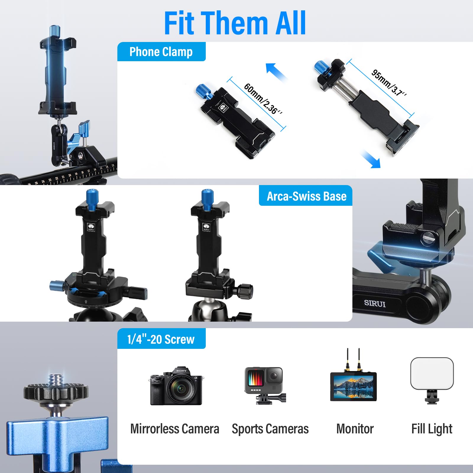 Sirui Articulating Camera Mount Clamp With Phone Holder, Magic Arm Super Clamp With 1/4' 20 Thread And 3/8' 16 Locating Hole For Arri, Ball Head Mount For Camera Monitor And Bicycle, Ma Gk, Black