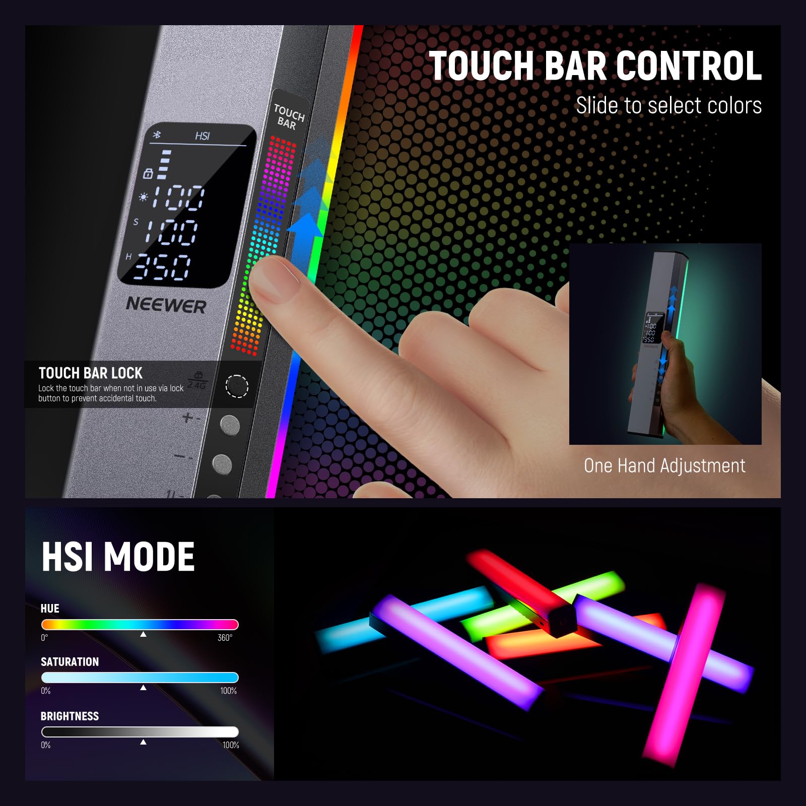 Neewer Rgb1 Led Tube Light Stick With Metal Barndoor, Handle, Touch Bar/App Control, Magnetic Handheld Rgb Video Light, 3200K 56