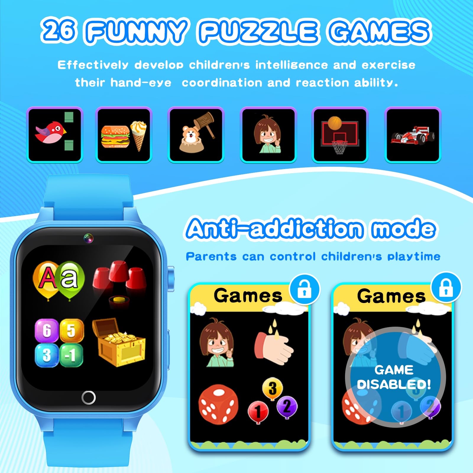Cosjoype Kids Smart Watch For Kids With 26 Puzzle Games Hd Camera Video Mp3 Player Habit Tracking Learn Card Flashlight 12/24 Hr