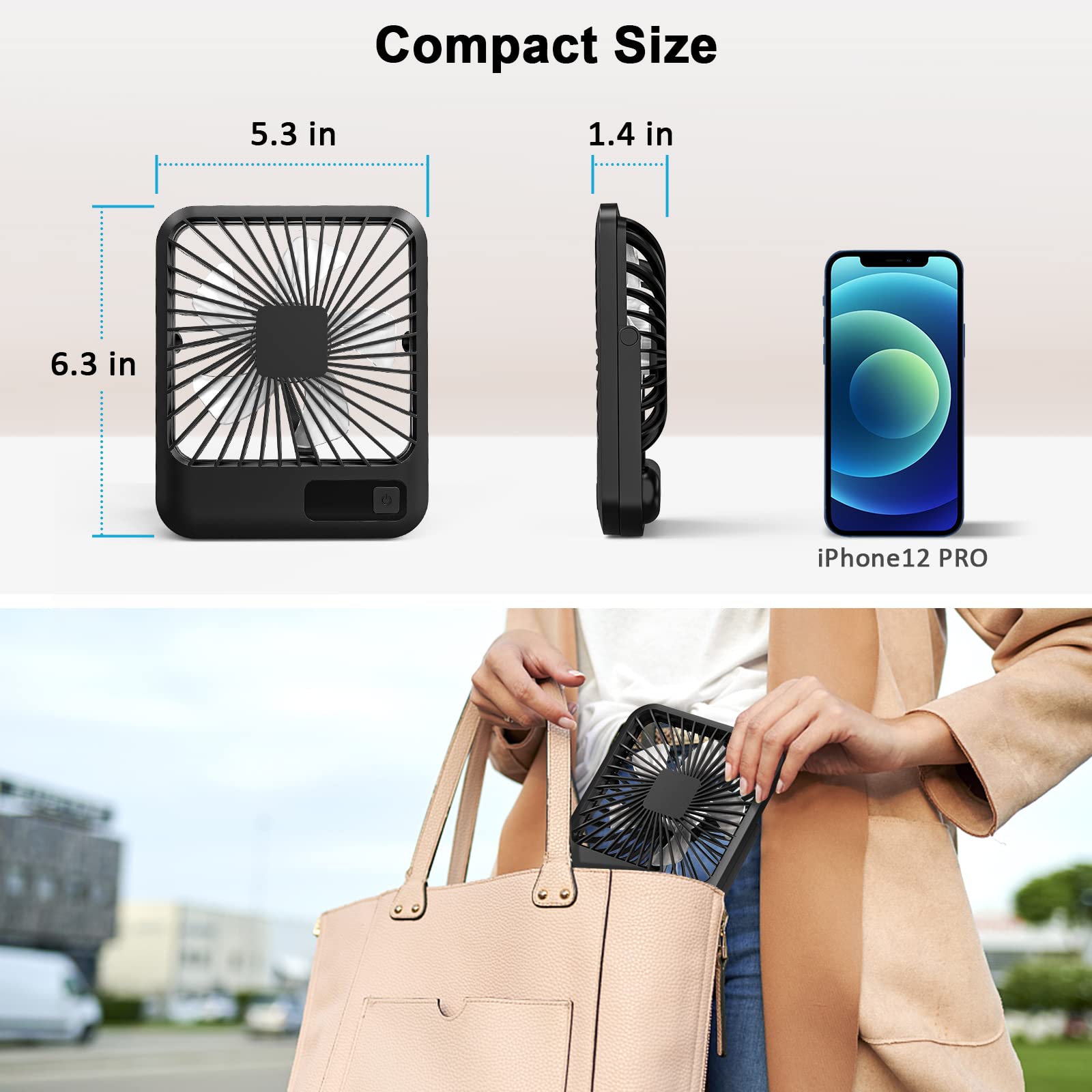 Mikikin Desk Fan Battery Operated, Portable Usb Rechargeable Fan, 2000Mah 180 Tilt Folding Personal Fan With Power Display, 5 Sp