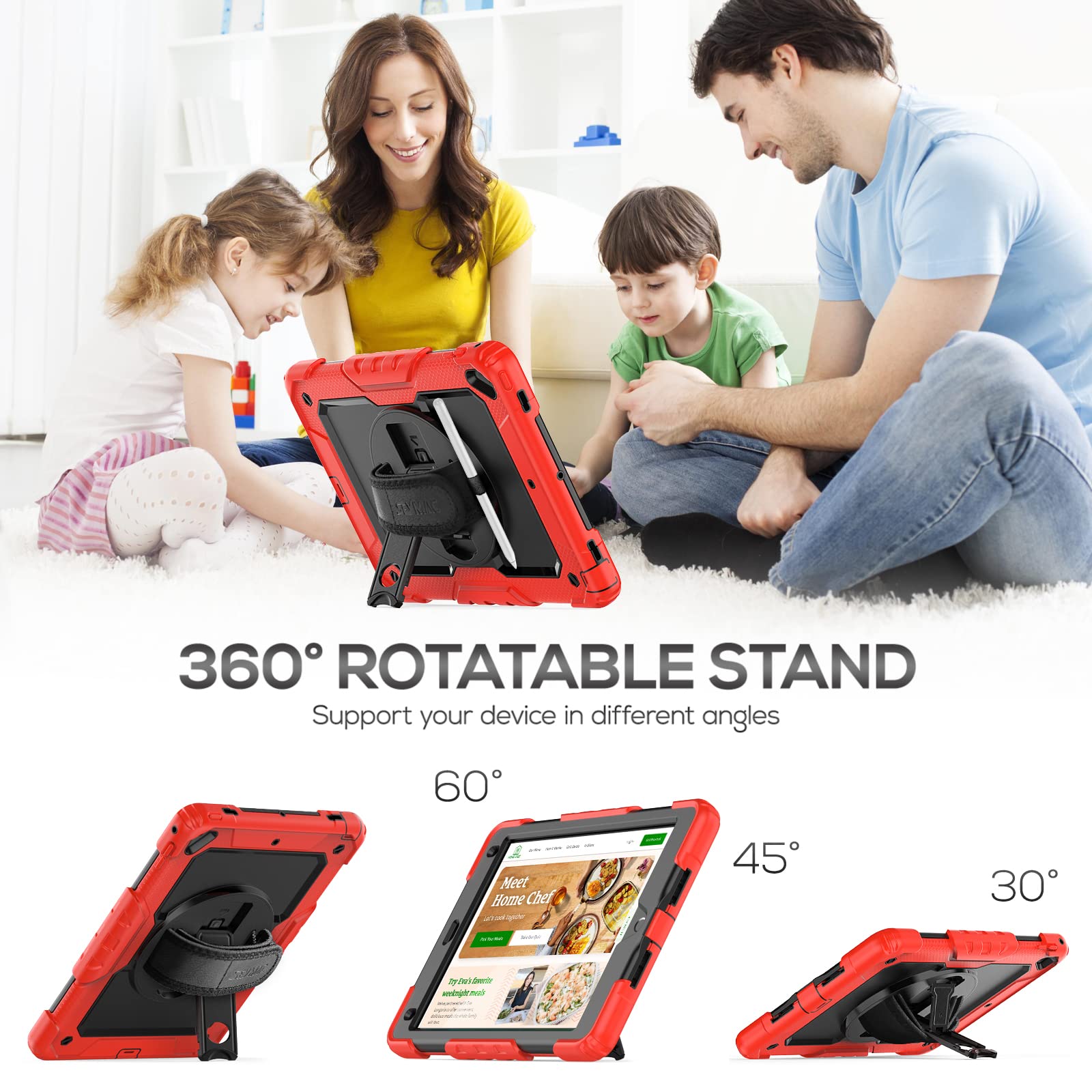 Seymac Case For Ipad 6Th/5Th Generation Case 9.7 Inch, Full Body Shockproof Heavy Duty Protective Case With Screen Protector, Rotating Stand/Hand/Shoulder Strap For Ipad Air 2/ Pro 9.7, Red