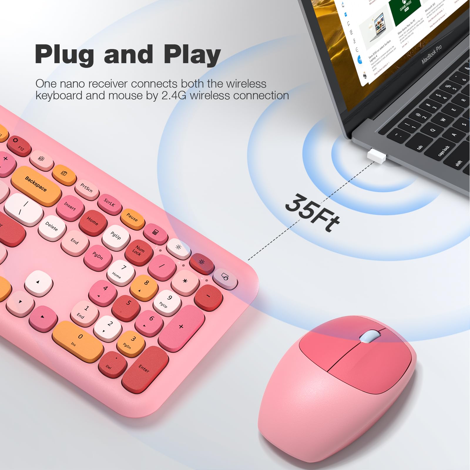 Knowsqt Wireless Keyboard And Mouse Combo, Pale Pink Full Sized 2.4G Silent Keycap Colorful Keyboards, Usb Dongle Plug Play, Lap