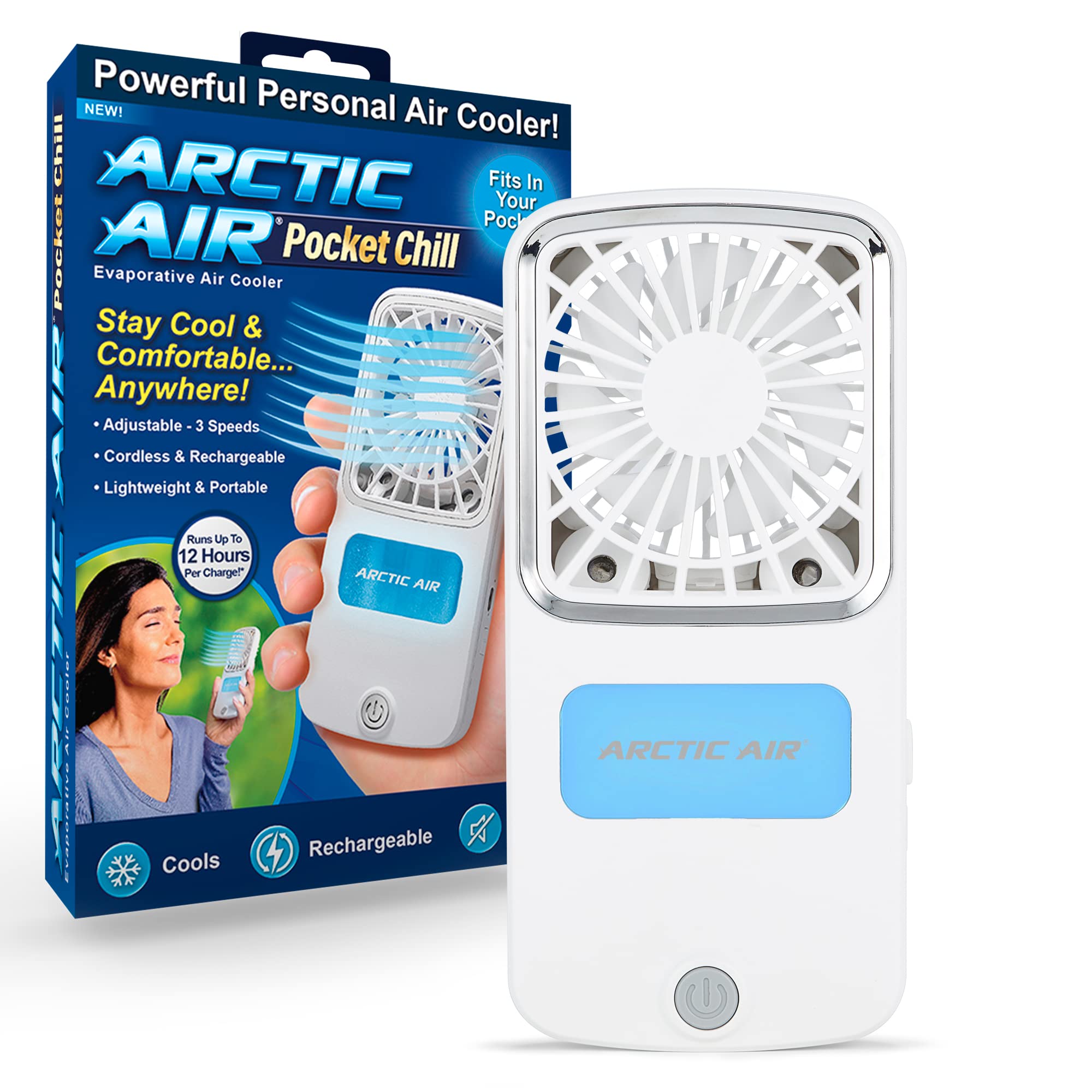 Arctic Air Portable Fan, Pocket Chill Handheld Mini Fan, Rechargeable Personal Air Cooler With Hydro Chill Technology, 3 Speeds