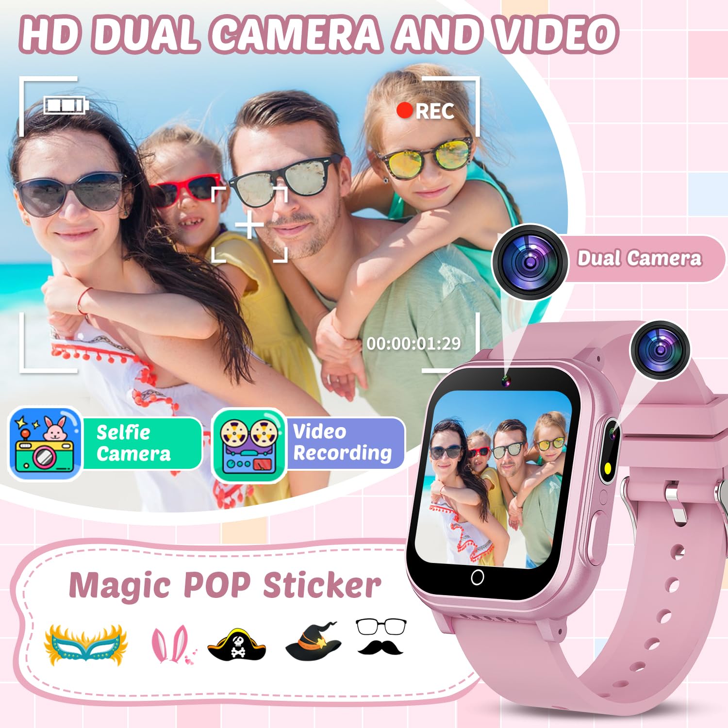 Waterproof Smart Watch For Kids Gift For Girls Age 5-12 With 32 Games, Dual Camera, Habit Tracking, Music Player, Video, Alarm C