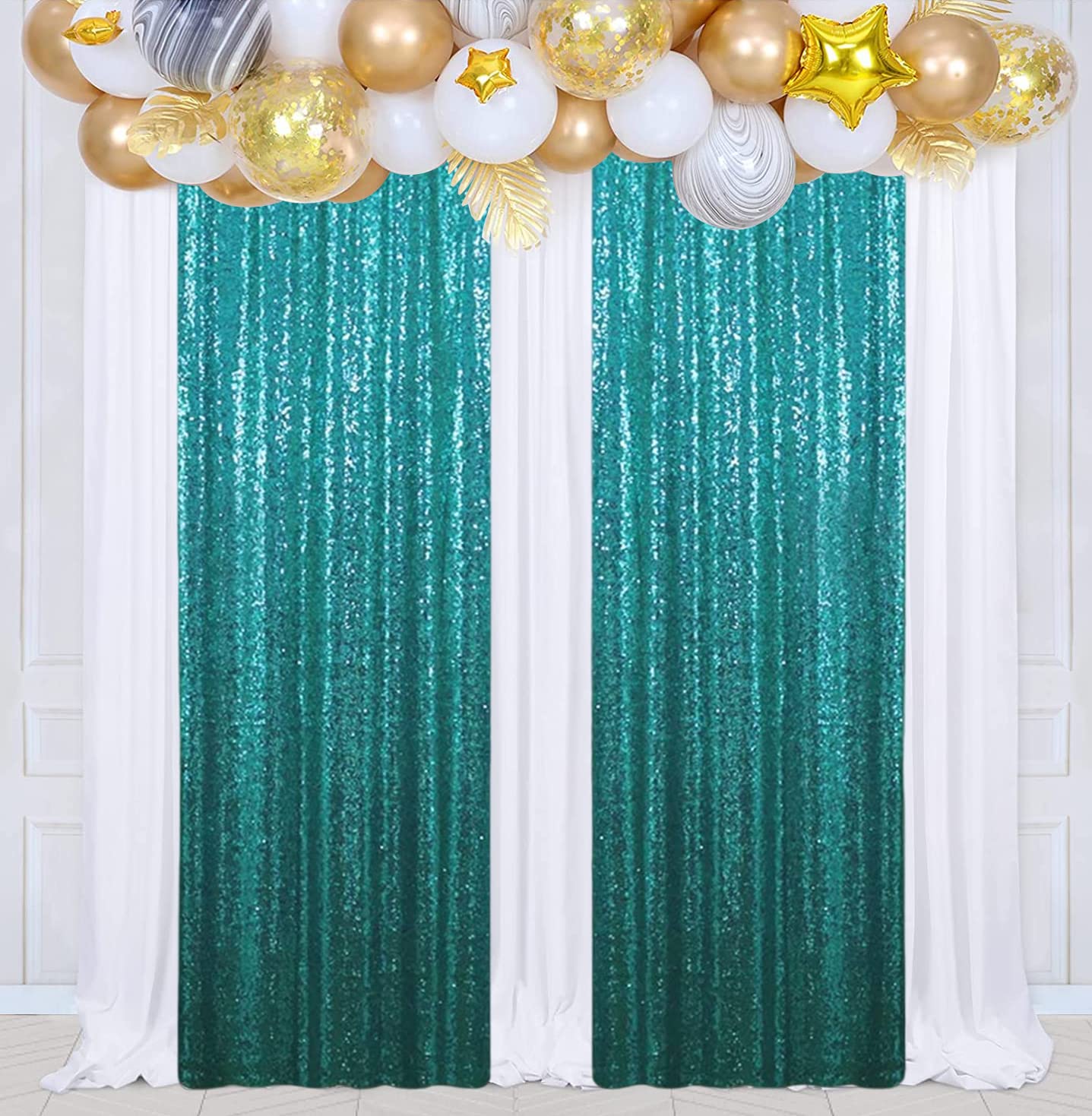 Poise3Ehome 2Pcs 2Ft X 8Ft Teal Sequin Backdrop Curtains, Glitter Photography Background, Sequence Xmas Thanksgiving Backdrop Fo