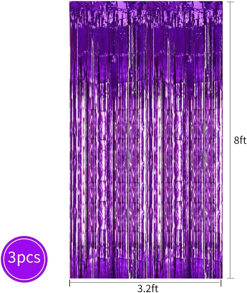 Toniful 3Pcs Purple Door Streamers,Purple Photo Booth Backdrop Metallic Streamers Foil Fringe Curtains For Birthday,Christmas,Ne