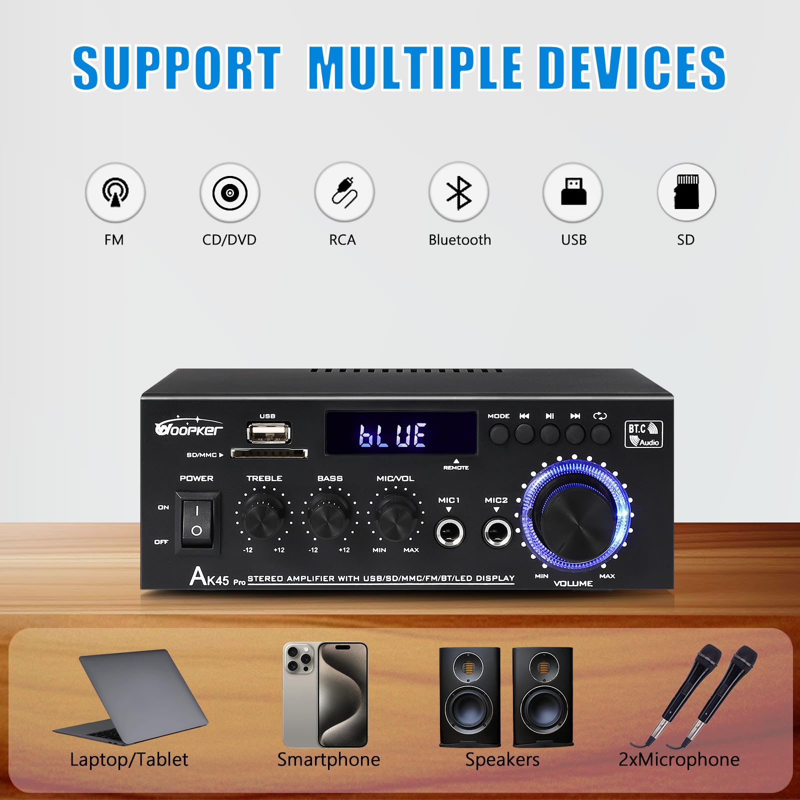 Woopker Ak45 Pro Amplifier Home Audio Stereo Receivers With Bluetooth 5.0,Max 400W,2.0 Channel Stereo Amplifier System For Home