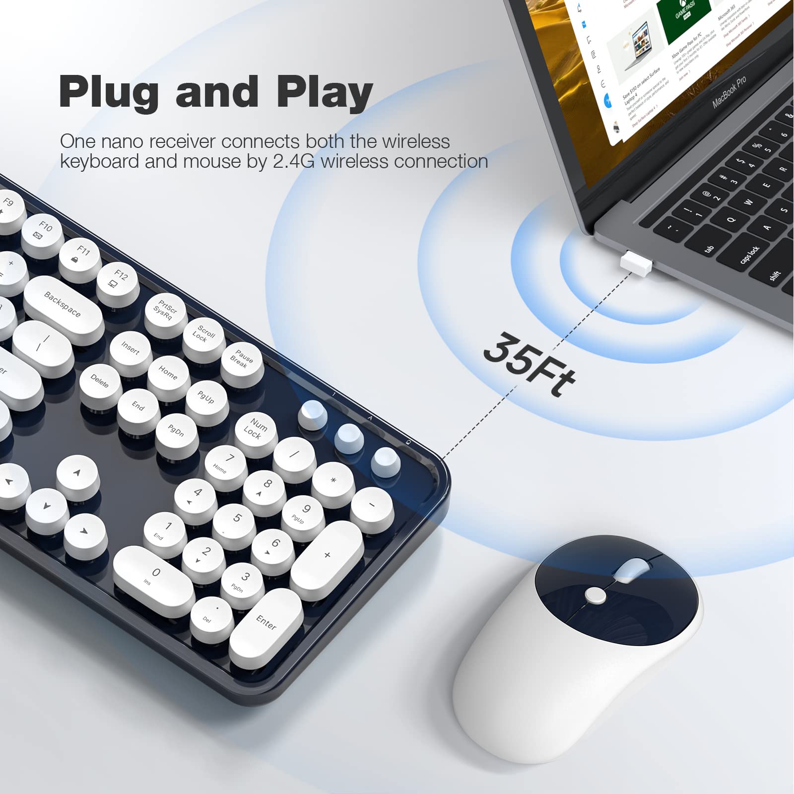 Dilter Wireless Keyboard And Mouse Combo, 104 Keys Full Sized Typewriter Keyboards And Retro Mouse, 2.4 Ghz Usb Receiver Plug An