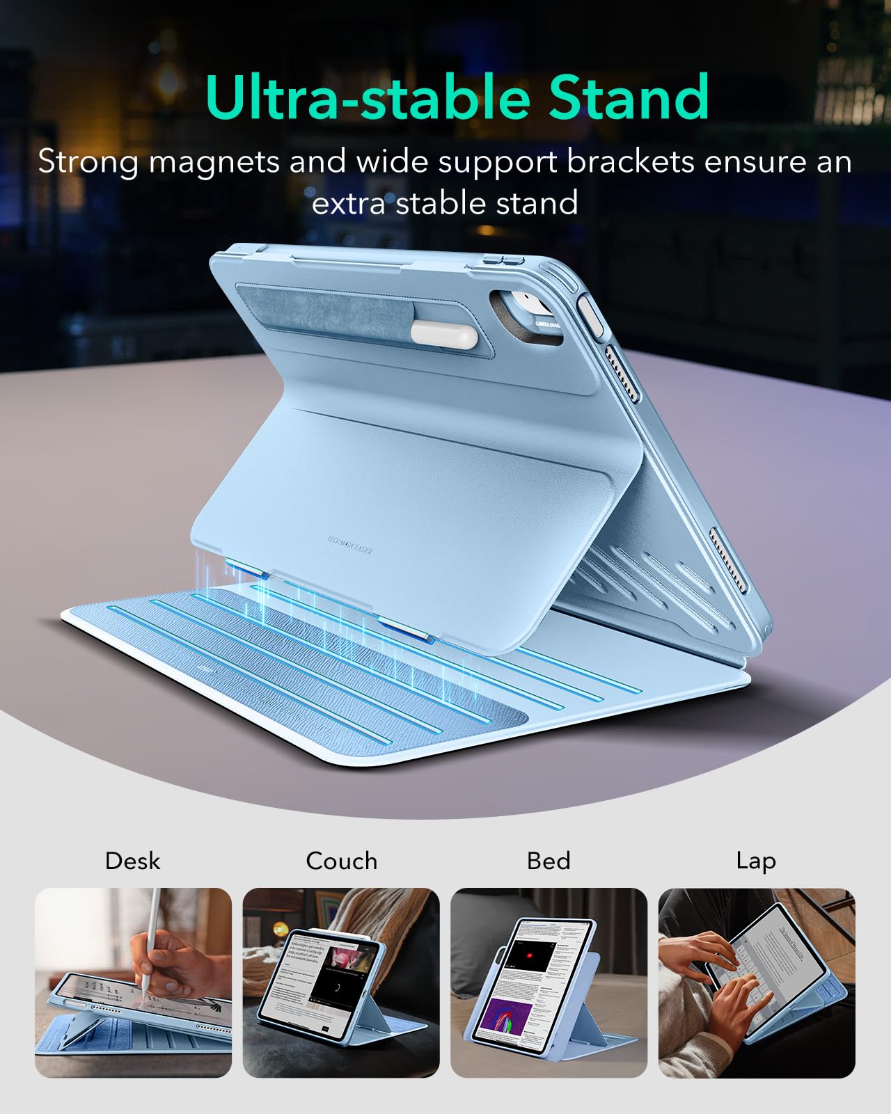 Esr For Ipad Air 13 Inch Case M2(2024), Ipad Air 13 Rotating Case With Removable Magnetic Cover, Adjustable Portrait/Landscape Stand With Raised Screen View, 9 Standing Angles, Light Blue