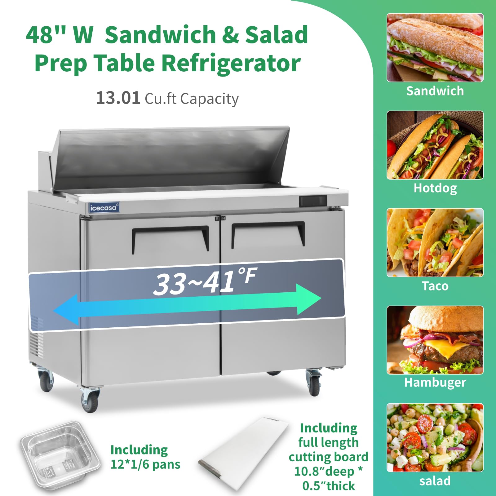Icecasa 48'' W Commercial Refrigerator Sandwich&Salad Prep Table 2 Door Stainless Steel Counter Fan Cooling Refrigerator With 12