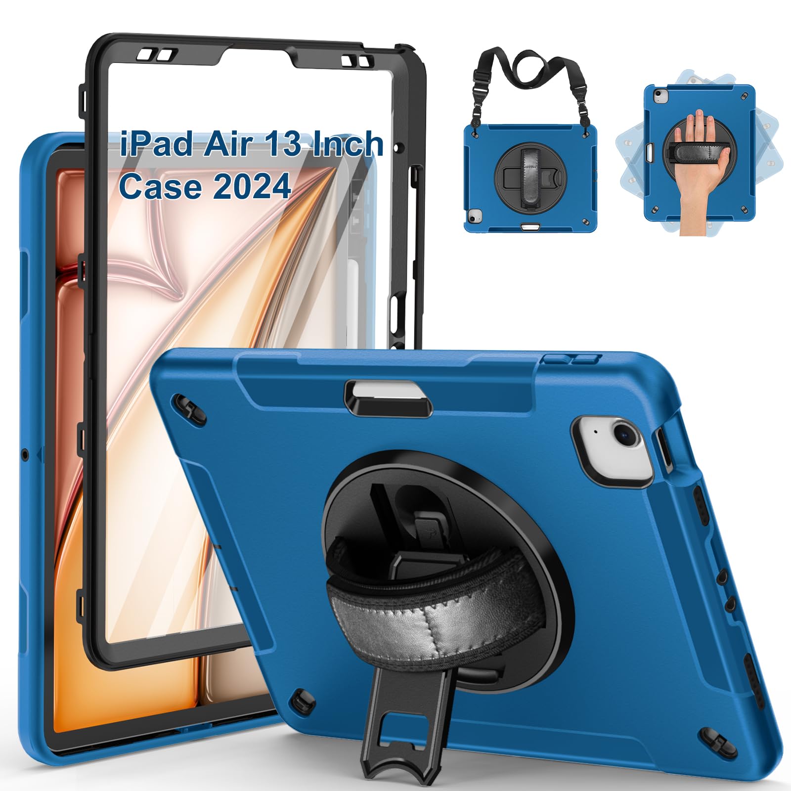 Supfives Case For Ipad Air 13 Inch 2024,With Screen Protector+Hand Strap+Shoulder Strap+Rotating Kickstand+Pencil Holder,Blue