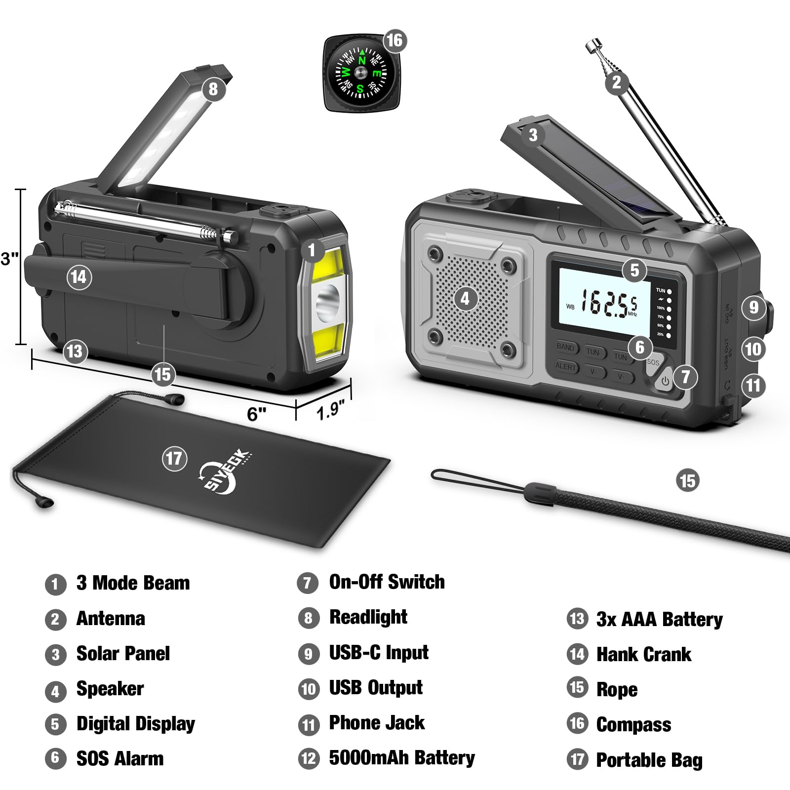Siyegk Emergency Weather Radio 5000Mah With Solar Hand Crank, Men Dad Husband Cool Gadgets, Noaa Am Fm Portable Battery Power We