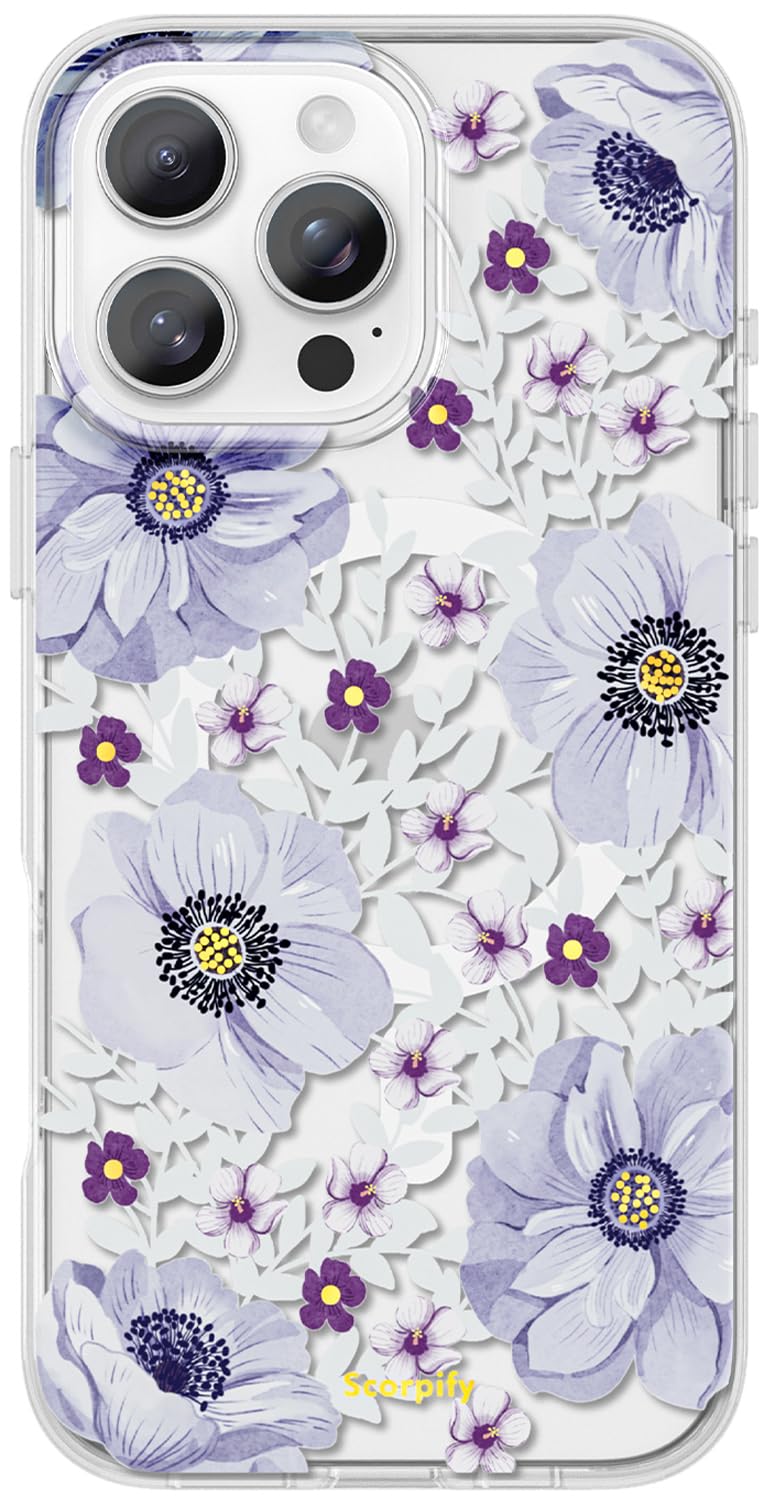 Scorpify For Iphone 16 Pro Case [Compatible With Magsafe] With Purple Anemone Floral Design, Cute Clear Flower Phone Magnetic Co