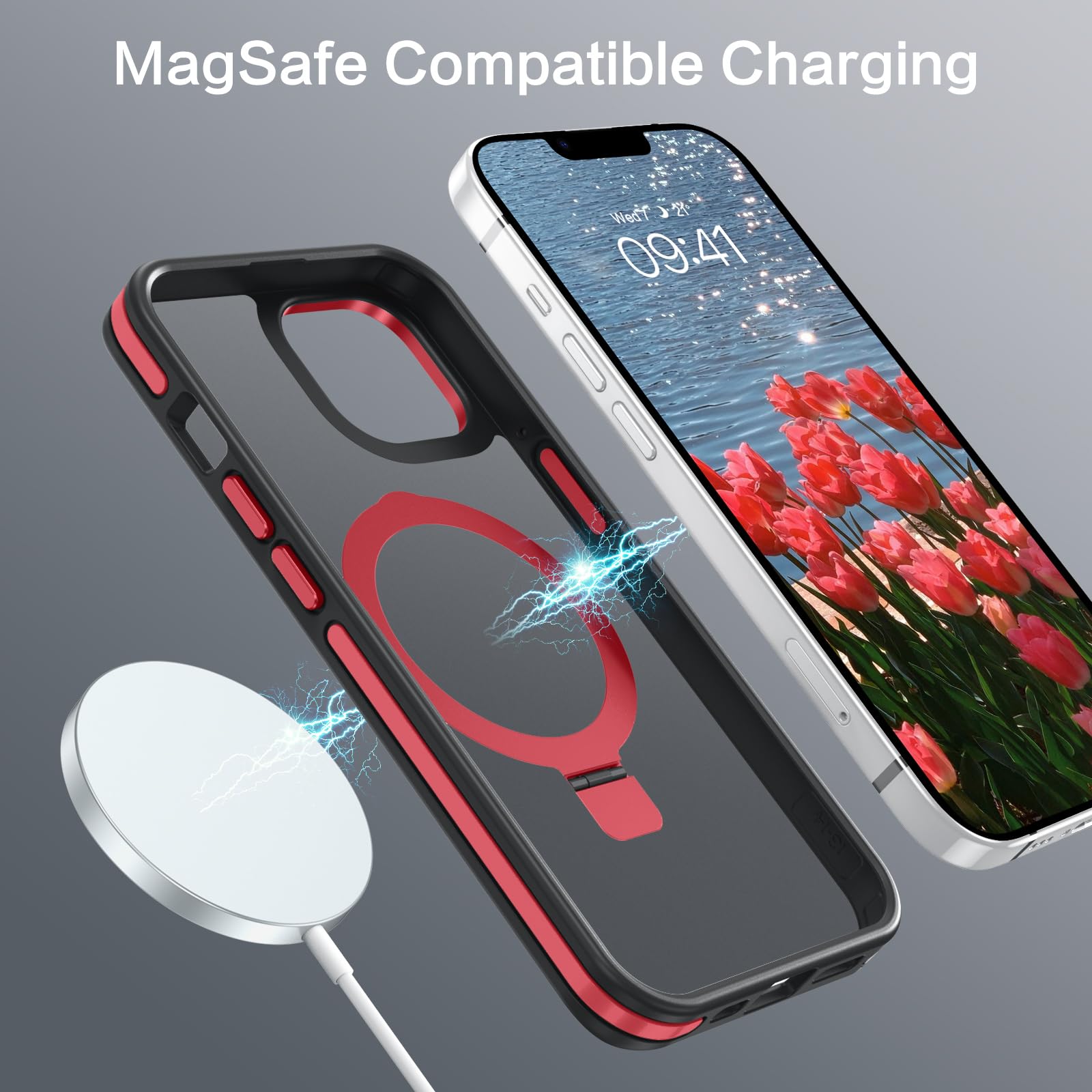 Veningo Iphone 14 Case, Iphone 13 Case,Magnetic Slim Fit Magsafe Translucent Matte Car Mount Supported Foldable Ring Holder Kick