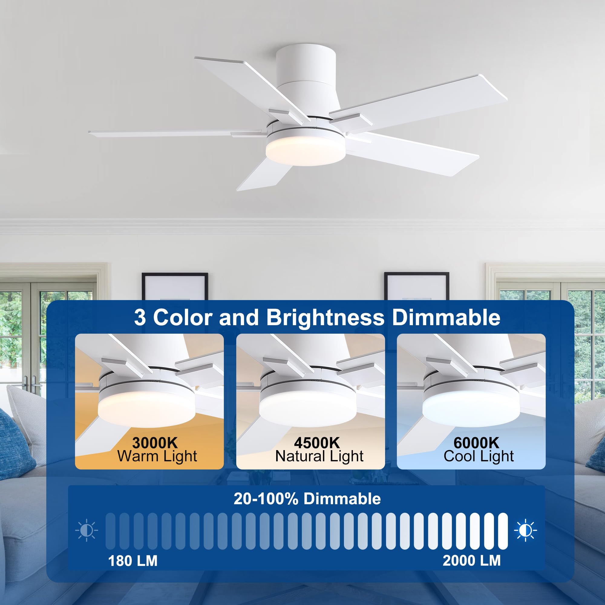 42 Inch Ceiling Fans With Lights And Remote,Flush Mount White Ceiling Fan With 5 Blades,6 Speed Reversible Dc Motor,3Cct Dimmabl