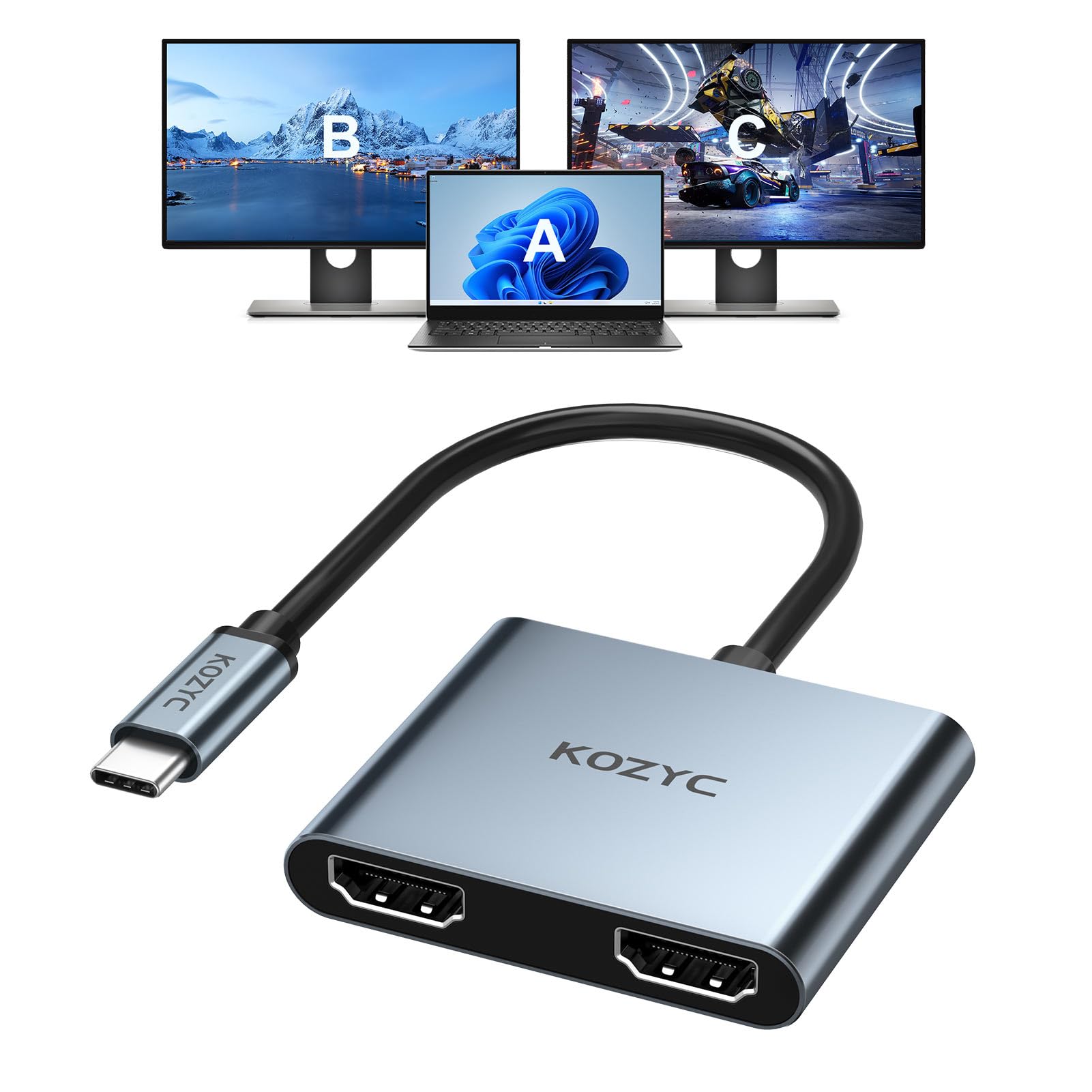 KOZYC USB C to Dual HDMI Adapter 4K@60hz, Type C to HDMI Splitter Extended Display for MacBook/MacBook Pro Air Dell XPS13/15, Sa