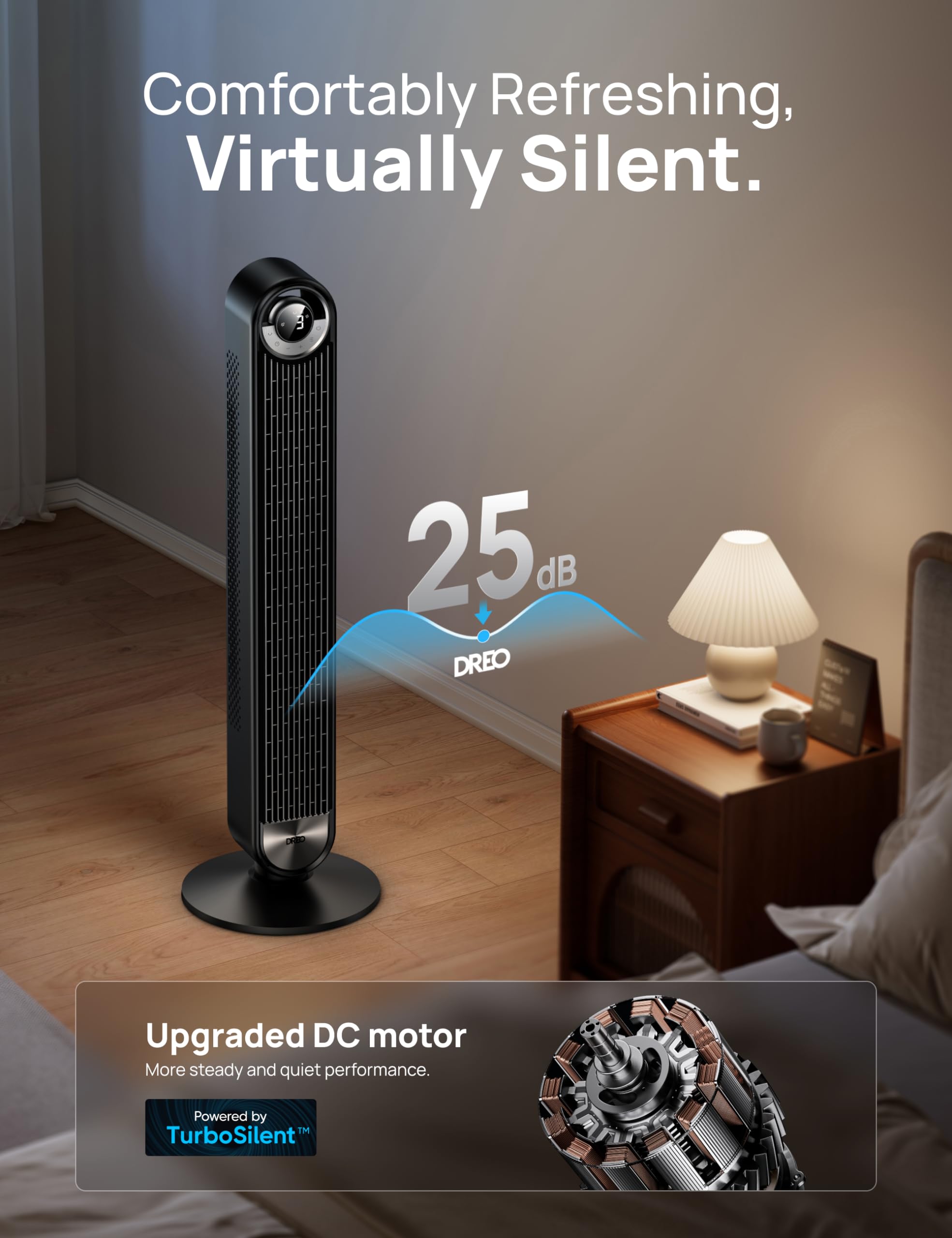 Dreo Tower Fan For Bedroom, 90 Oscillating Standing Floor Fan With 28Ft/S Velocity, 25Db Quiet For Sleep, Dc Motor, 9 Speeds, 4