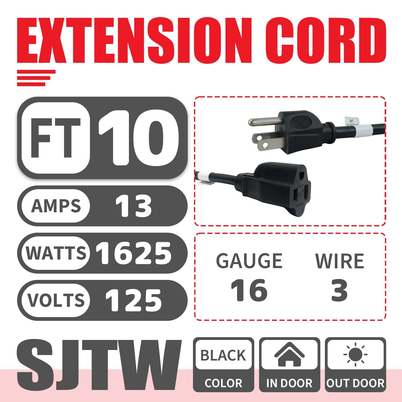 Ep 10Ft Black Outdoor Extension Cord, 16/3 Sjtw Heavy Duty Waterproof, 3 Prong Grounded Plug, 13A 1625W 16Awg, Cold Resistant Fl