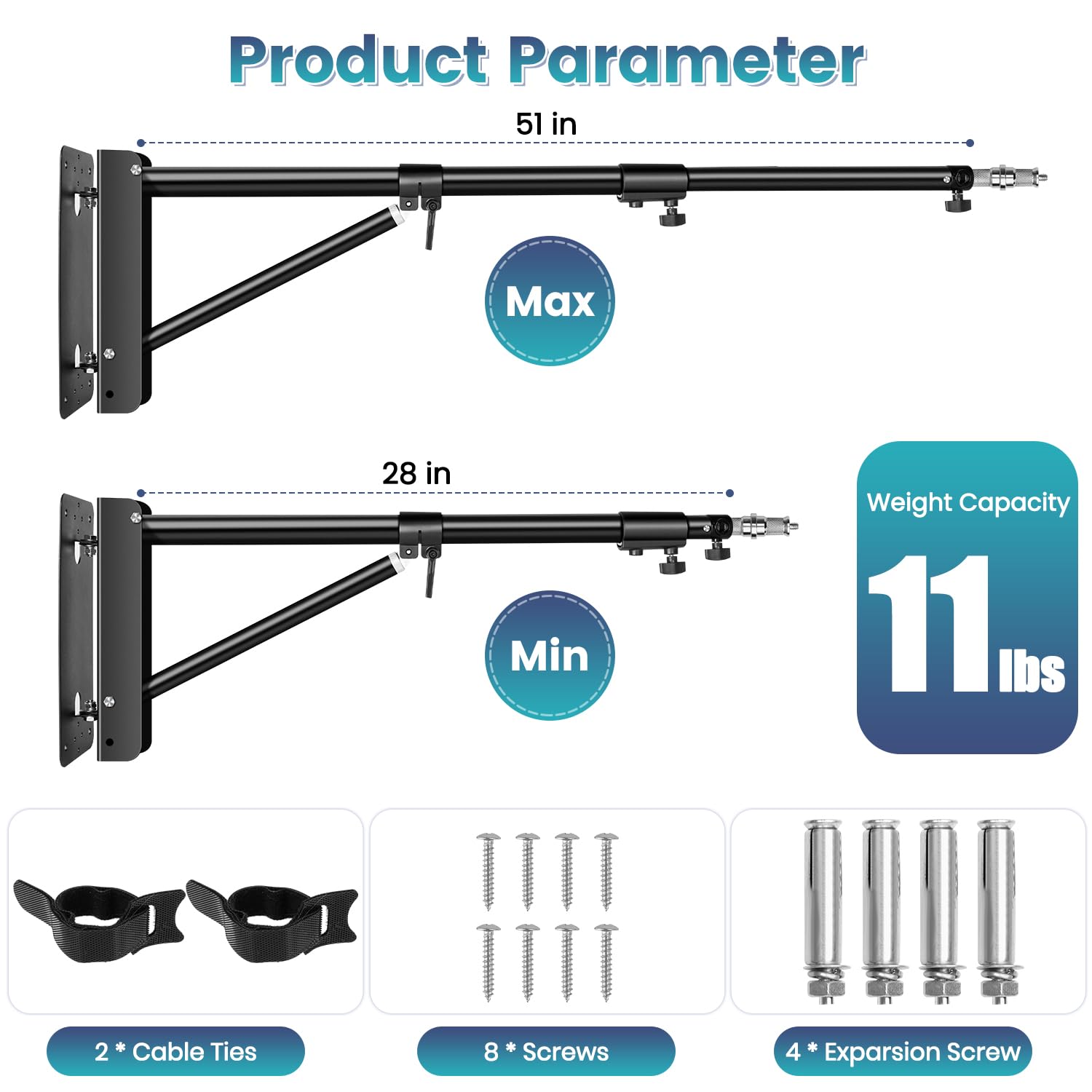 Wall Mounting Triangle Boom Arm For Ring Light: Max 51Inch, 180 Flexible Rotation, Save Space, Adjustable Camera Mount Up To 4.2