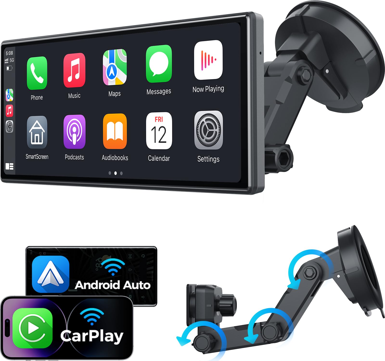 [Upgraded Hd Screen With Secure Strong Bracket] Portable 10.26'' Wireless Carplay & Android Auto Screen For Car, Voice Control/G