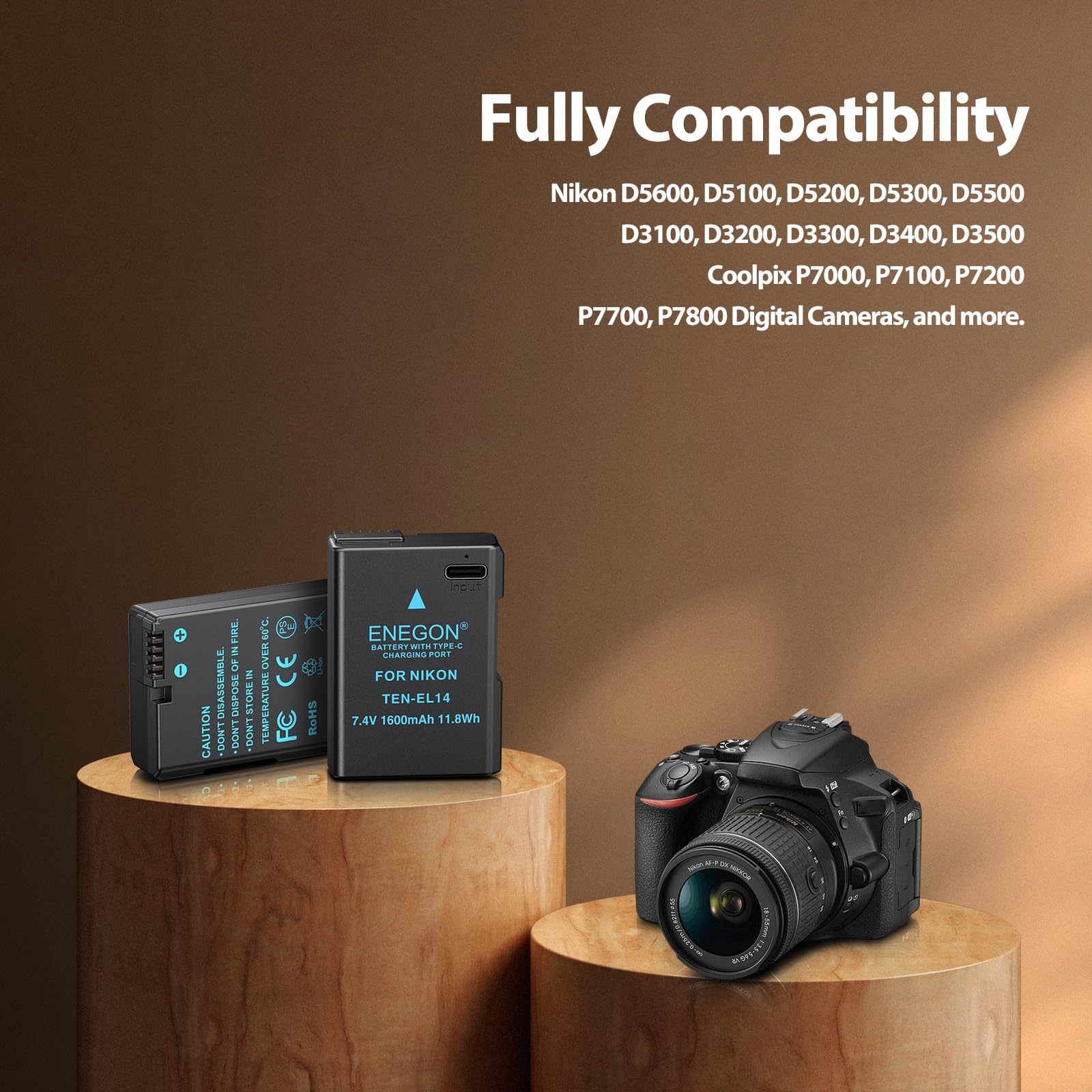 Enegon En El14 Usb C Direct Charging Replacement Batteries 1600Mah (2 Pack) With 2 In 1 Usb C Charging Cable For Nikon D5600, D5