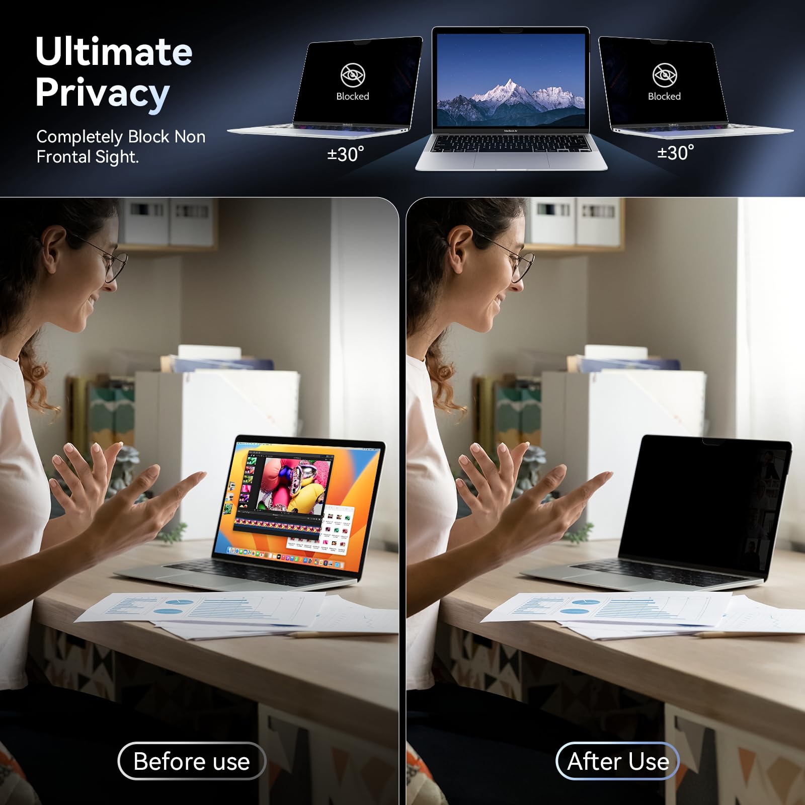 Privacy Screen Macbook Pro 13 Inch(2016 2022, M1, M2)/Macbook Air 13 In(2018 2021,M1),Easy On/Off Removable Anti Glare Blue Ligh