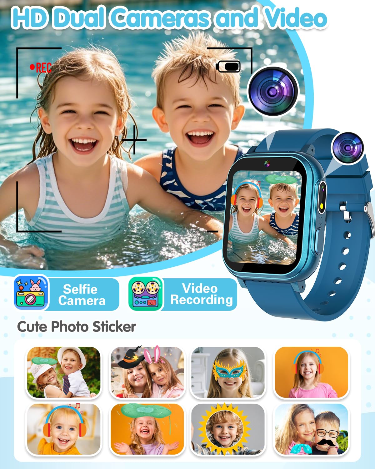 Waterproof Smart Watch For Kids With 32 Games Dual Camera, Habit Tracking, Pedometer, Hd Touchscreen With Protector, Kids Watch