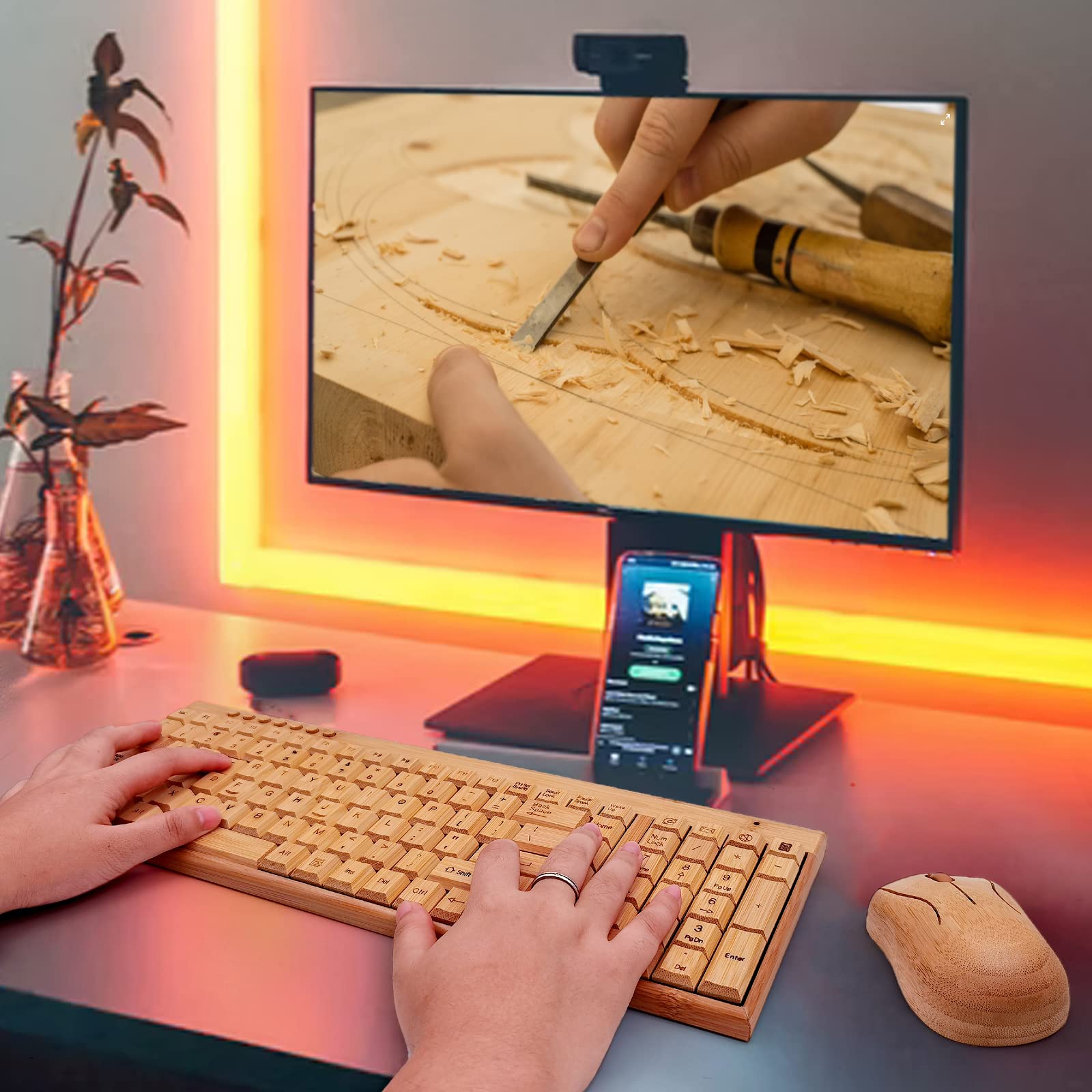 Smart Tech Handcrafted Natural Bamboo Wooden Pc Wireless 2.4Ghz Keyboard And Mouse Combo