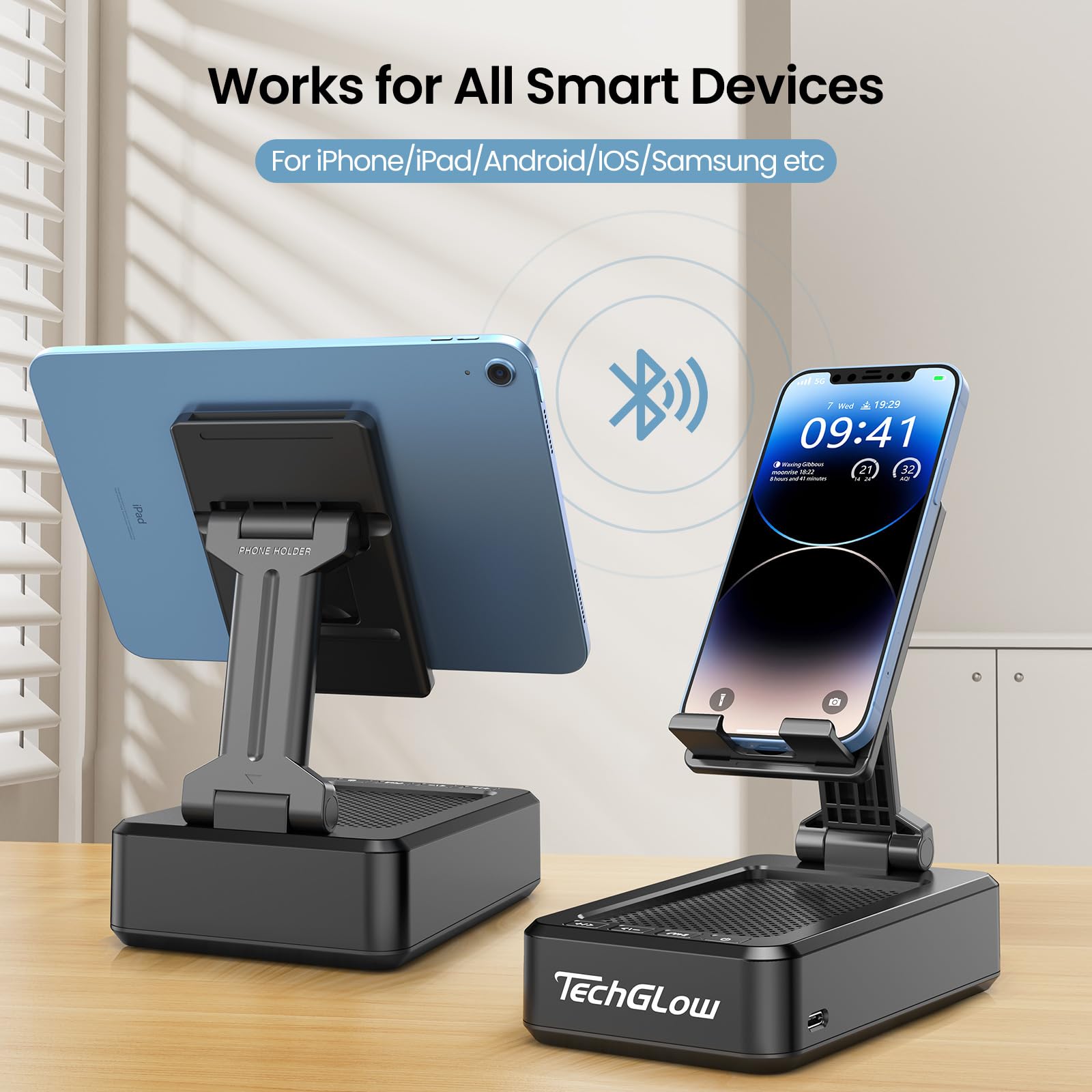 Techglow Gifts For Men Foldable Cellphone Stand With Bluetooth Speaker Wireless Speaker With Phone Holder Birthday Gift Idea For