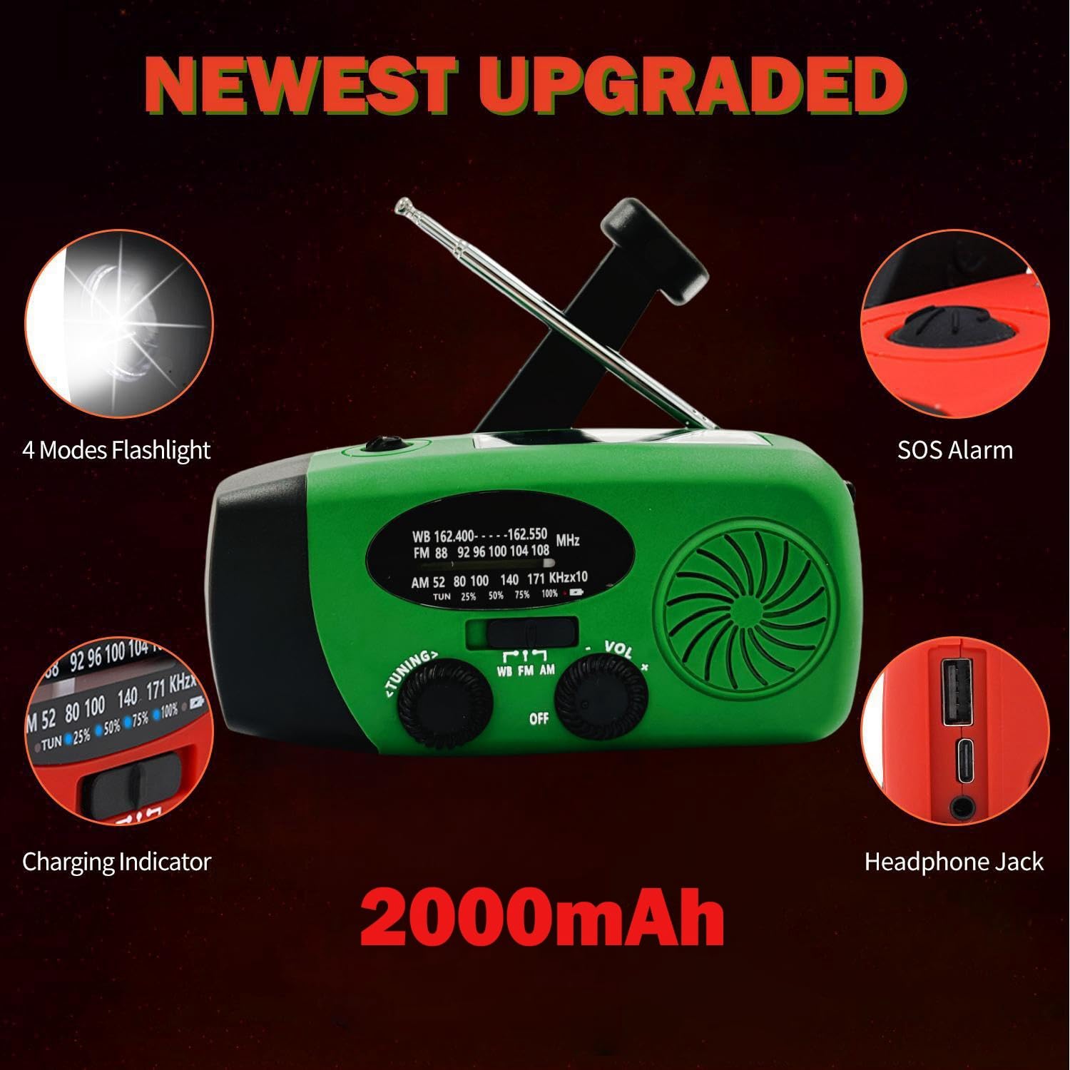 2000Mah Weather Emergency Radio, Portable Solar Am/Fm/Noaa Hand Crank Radio, Cell Phone Charger With Sos, 1W Led Flashlight, Hea