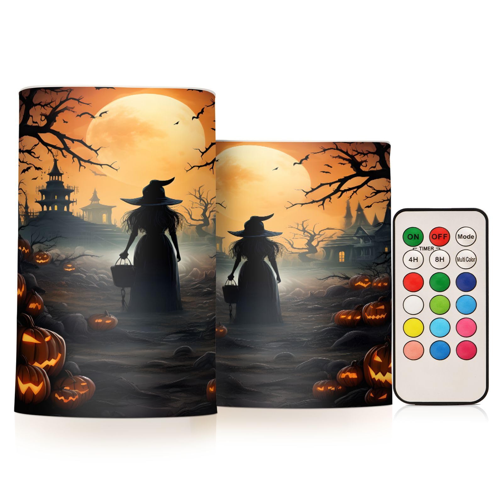 ALAZA Halloween Pumpkins Witch Flickering Flameless Candles Battery Operated with Remote Timer,Tea Light Candles LED Pillar Voti