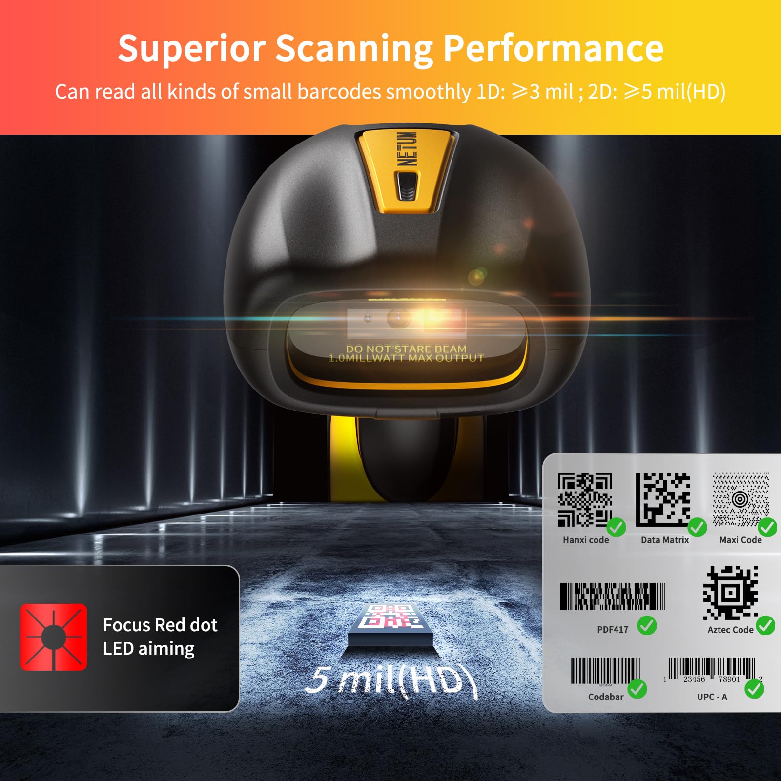 Netum Upgraded Qr Industrial Bluetooth Barcode Scanner With Charging Dock, Wireless 2D 1D Bar Code Reader 2600Mah Drop Protectio