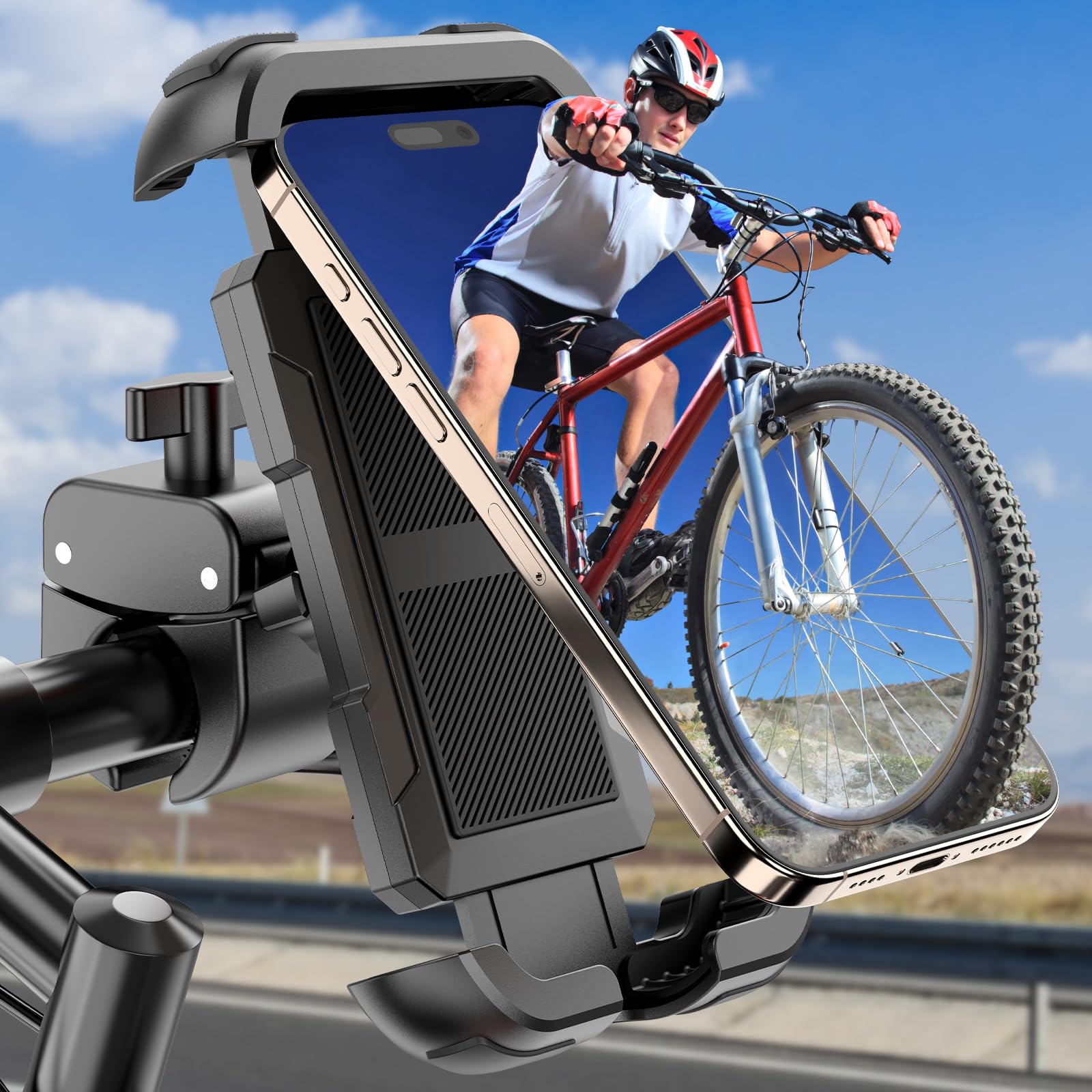 Bike Phone Holder, Motorcycle Phone Mount, [Camera Friendly] [Quick Install] [Double Locked]Clip For Scooter, 360 Rotate Cell Ph