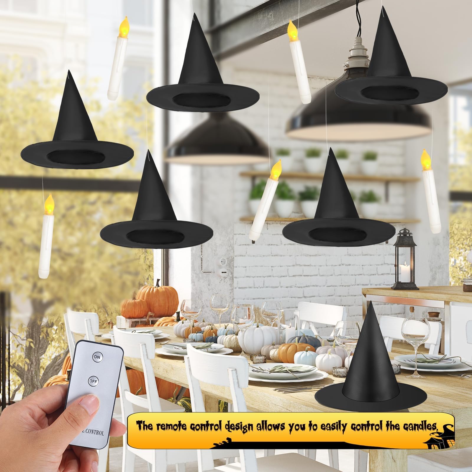 80 Pcs Halloween Hanging Witch Hats And Taper Floating Candles Set Includes 12 Witch Hats 12 Led Floating Candles Lights 56 3D B