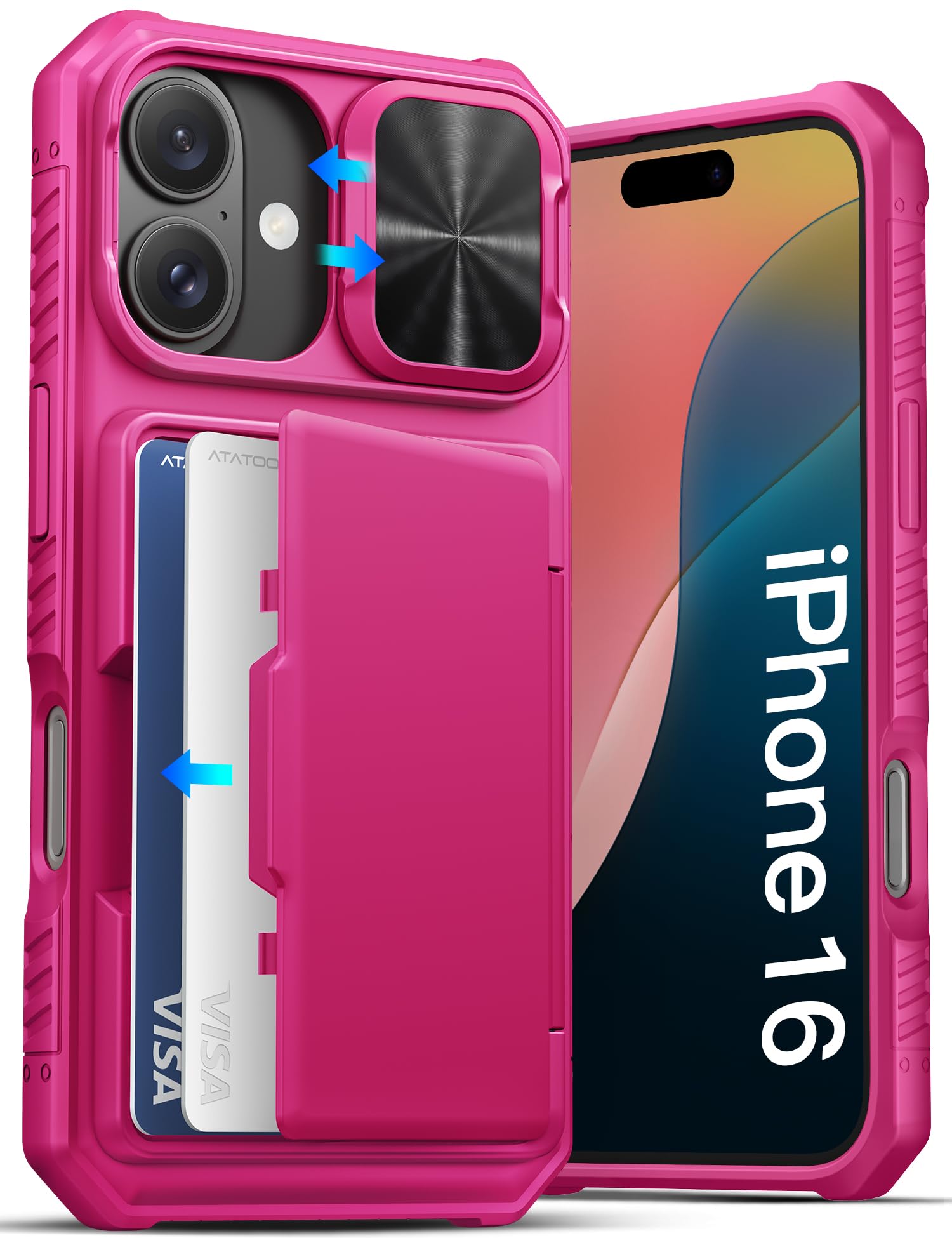 Atatoo For Iphone 16 Case, Built In Card Holder (Store 3 5 Cards) & Slide Camera Protector, Military Grade Protection, Women Cut