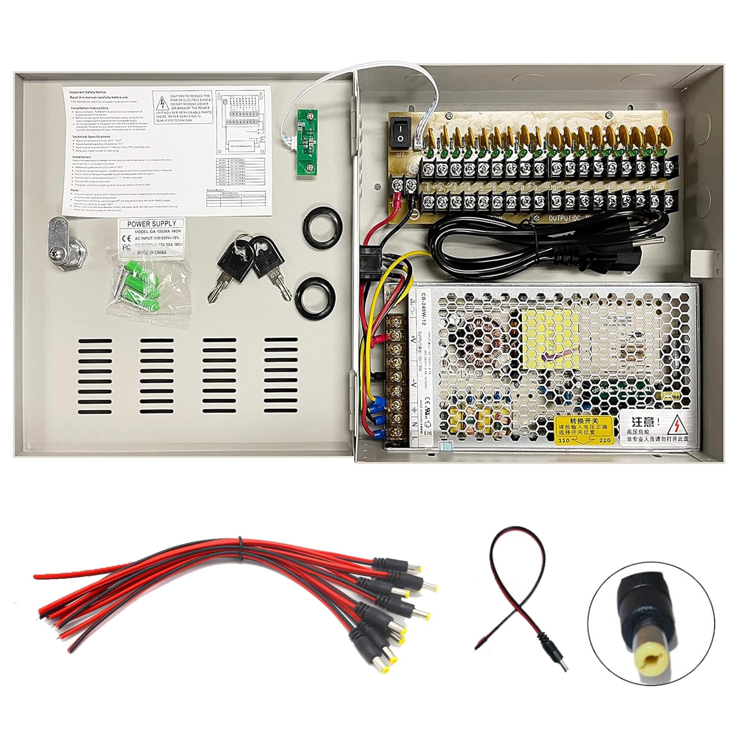 18 Port 20 Amp High Power Security Cctv Camera Access Control Power Distribution Box 12V Dc Ptc Protection, With 18 Pcs. Dc Male