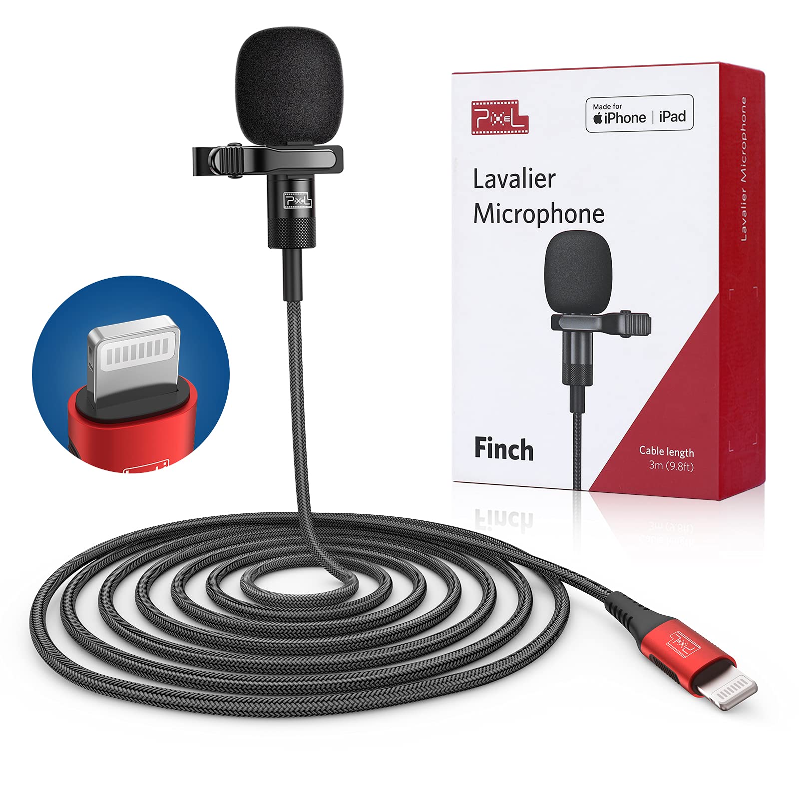 PIXEL Lavalier Microphone for iPhone (Apple MFi-Certified) | Lav Mic for Vlogging | External Microphone for Video Recording, Com