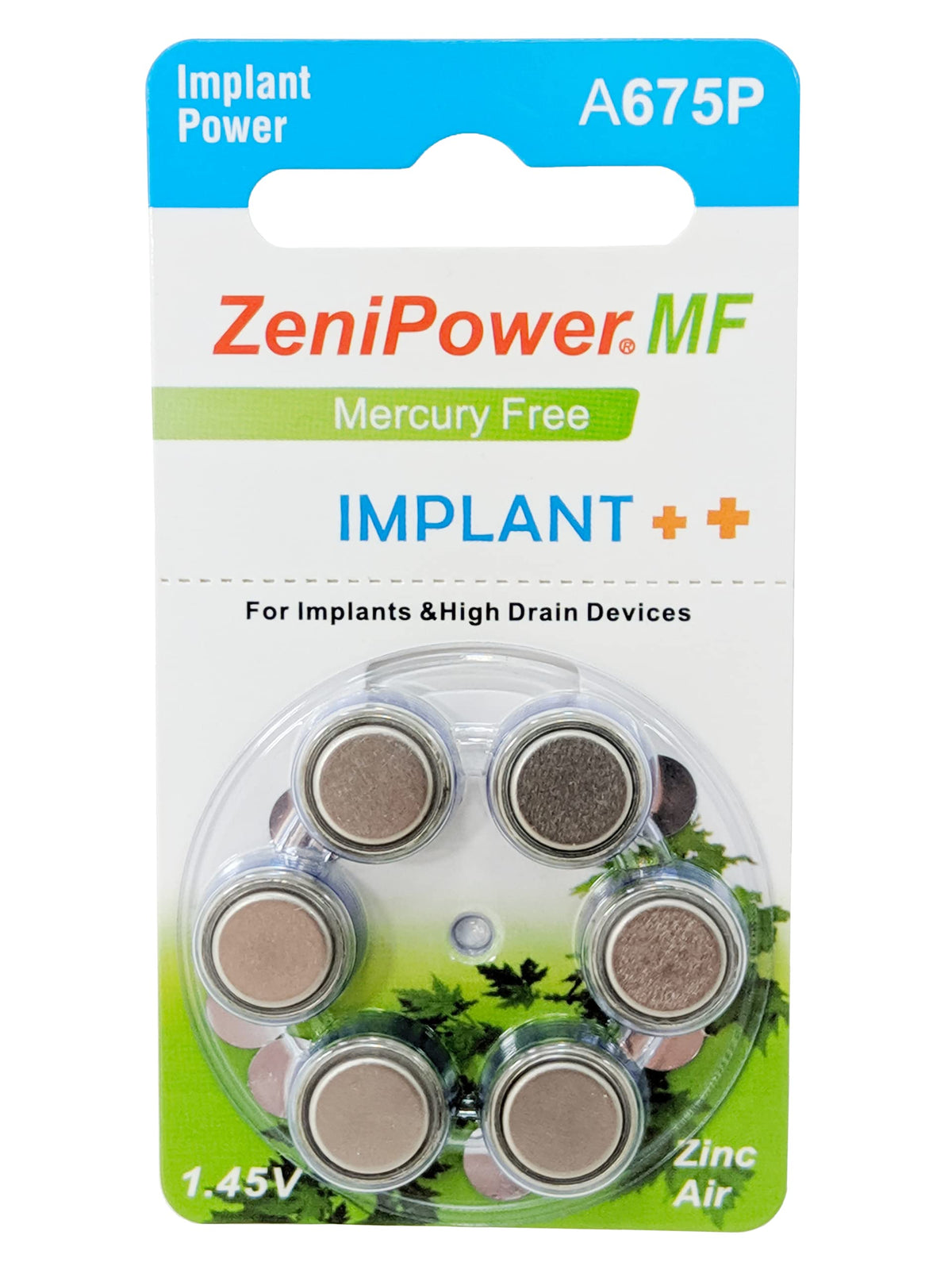 Zenipower Cochlear Implant Batteries Size A675P Zero Mercury (60 Batteries)