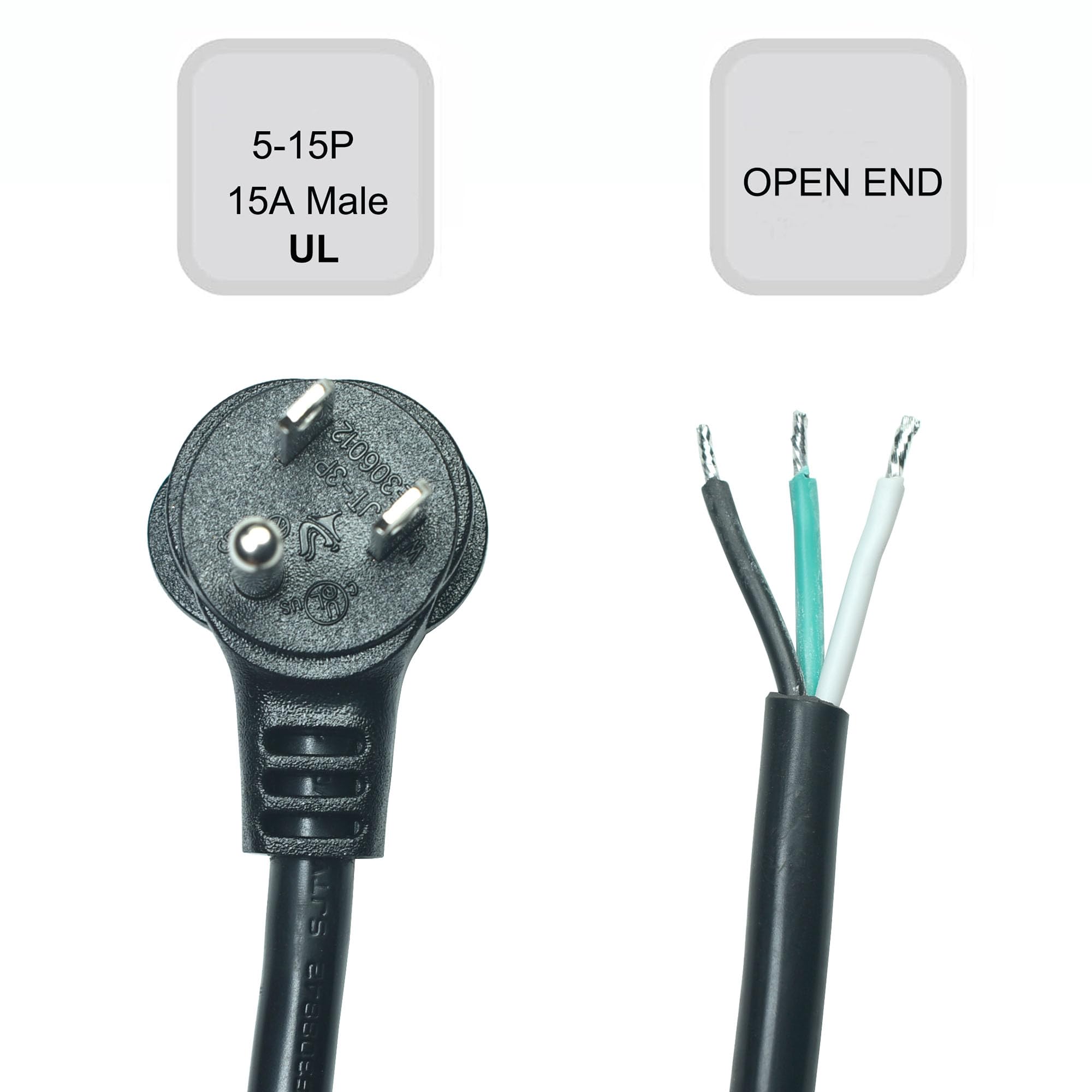 90 Degree Electrical Plug Replacement Power Cord With Open End   6 Ft Black Extension Cable,16/3 Sjtw, For Universal Ac Applianc