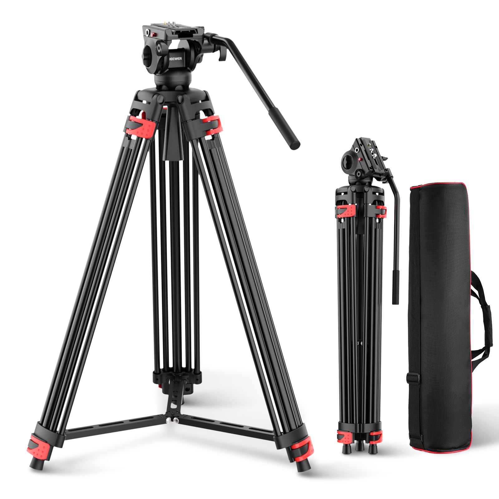 Neewer 74'' Video Tripod With Fluid Head [Basic Version], Metal Camera Tripod With Smooth Friction Damping, Mid Level Spreader, 