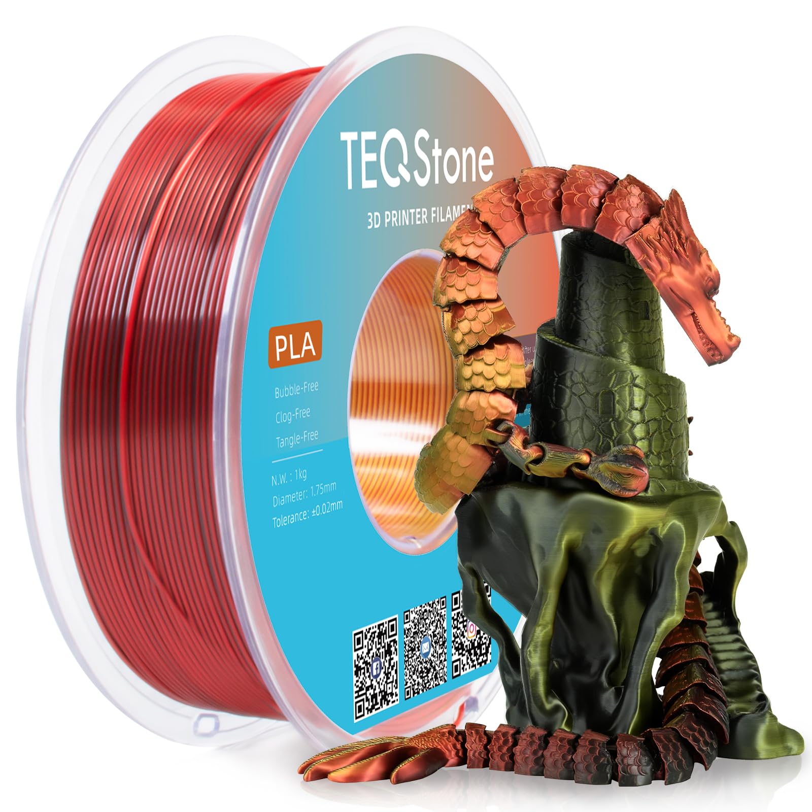 TEQStone Tri Color Silk PLA Filament 1.75mm Red Gold Black 1KG, Shiny High Gloss Finish, Seamless Color Transition, Neatly Wound