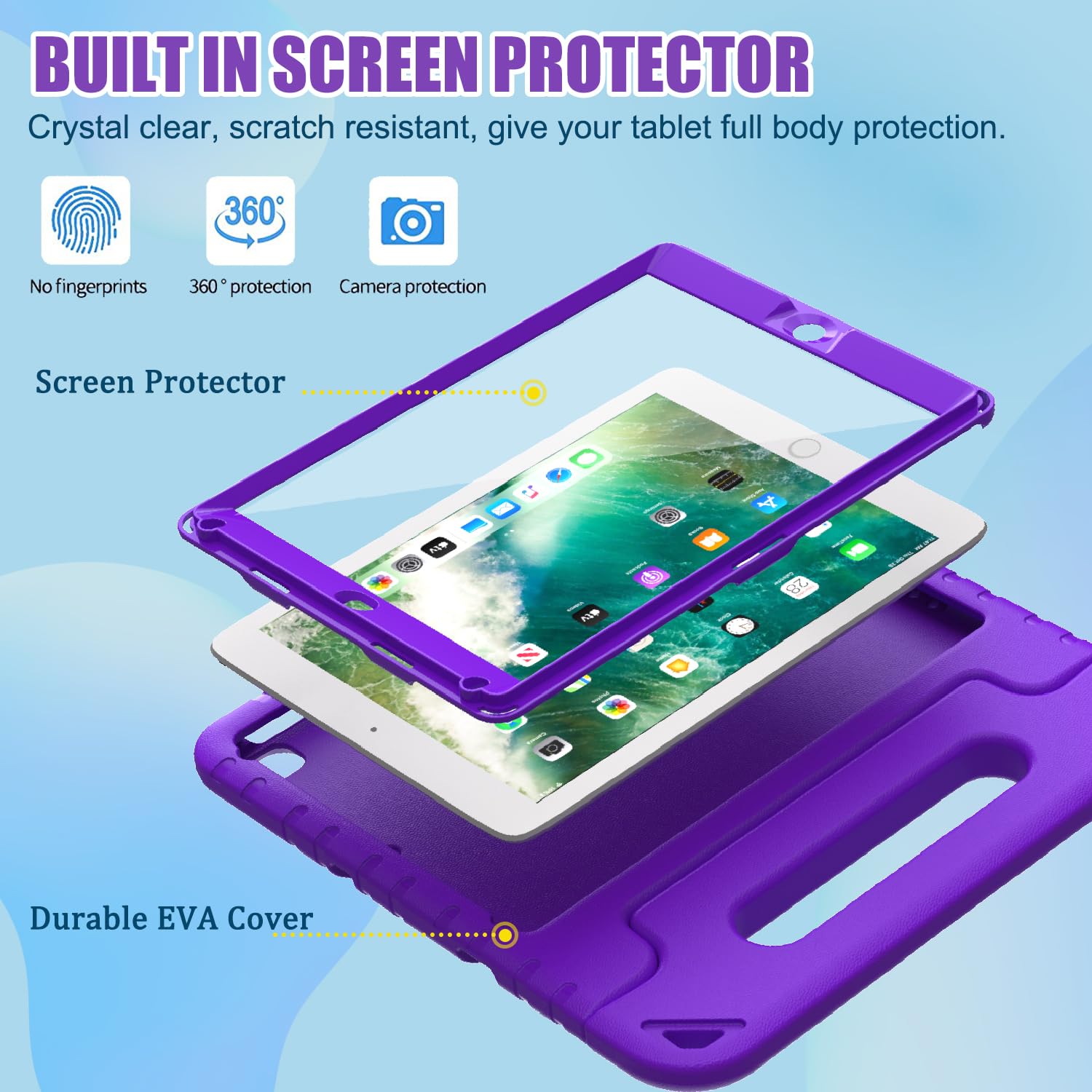 Bmouo Portable Electronic Device Cover For Ipad 9.7 Inch 2018/2017, Ipad Air 2   Purple, Shockproof Kids Case Cover With Handle