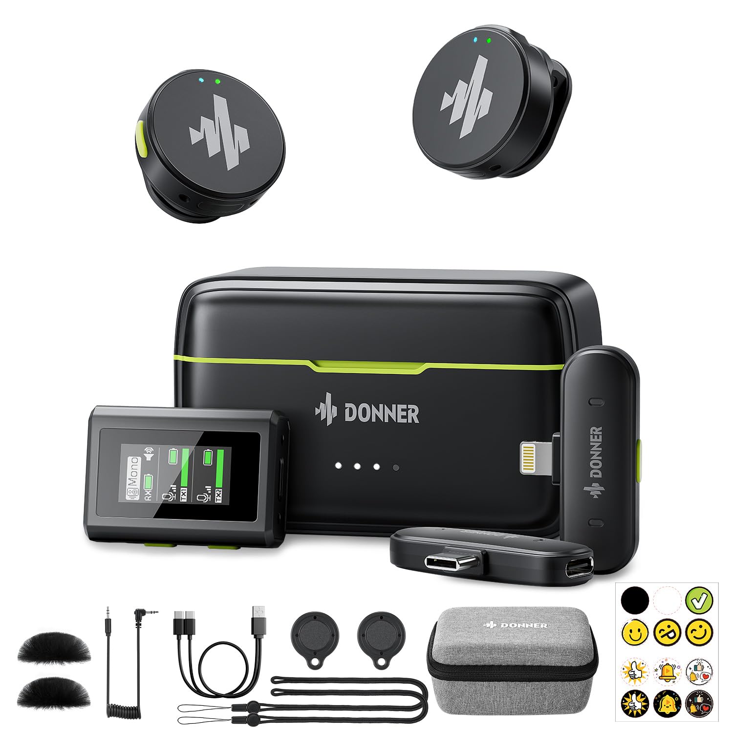 Donner Vpm 20 Wireless Lavalier Microphone For Usb C/Lightning Iphone Ipad Android Camera, With Charging Box, Dual Channels Mics