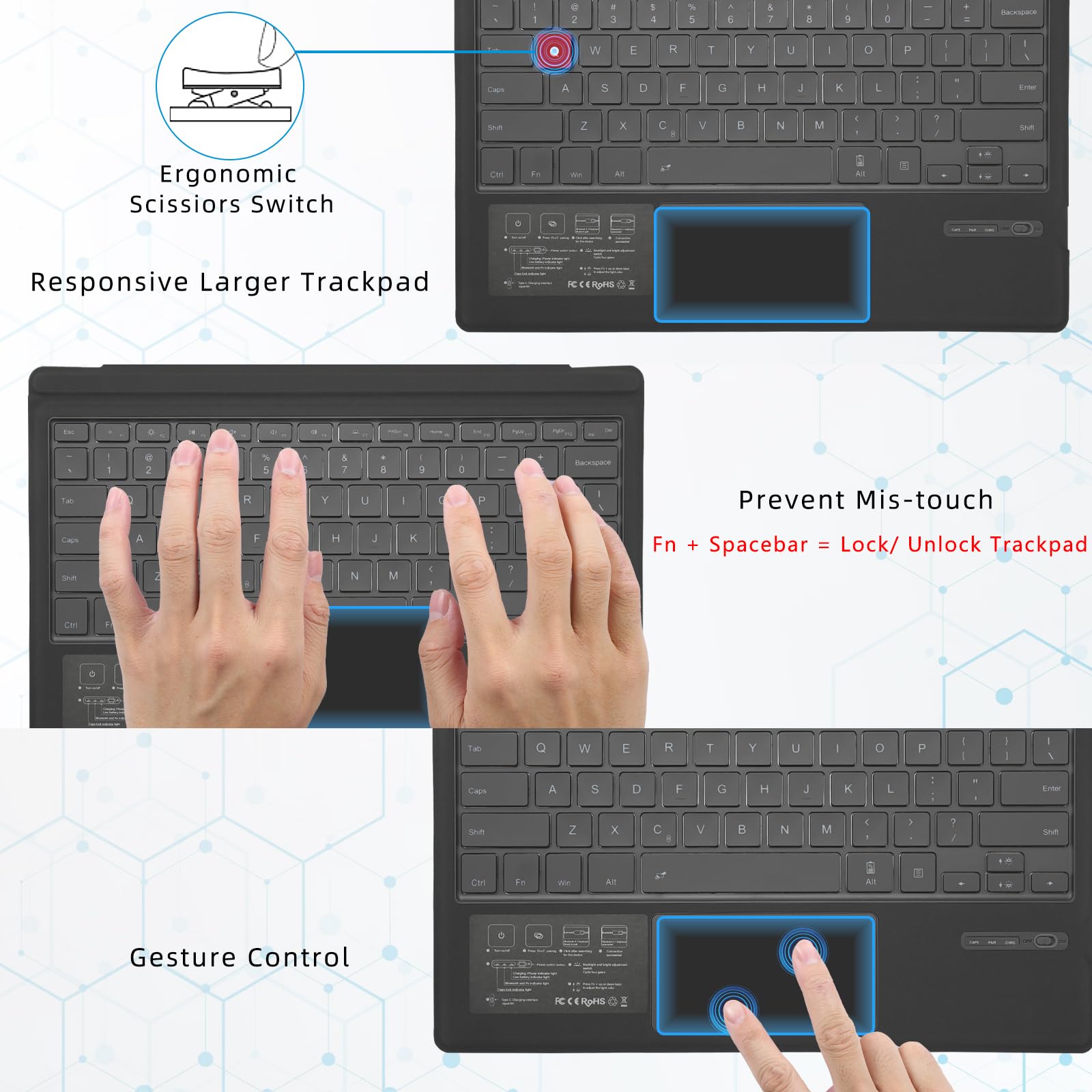 Qulose Surface Pro 7 Keyboard, Bluetooth Keyboard For Microsoft Surface Pro 7 Plus/Pro 7 /Pro 6/ Pro 5/ Pro 4 /Pro 3, Multi Gest