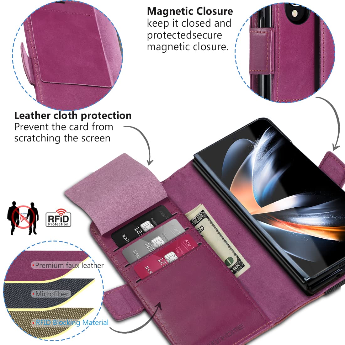 Kezihome Samsung Galaxy Z Fold 4 Case, Genuine Leather Galaxy Z Fold 4 Wallet Case [Rfid Blocking] With Card Holder Flip Kicksta